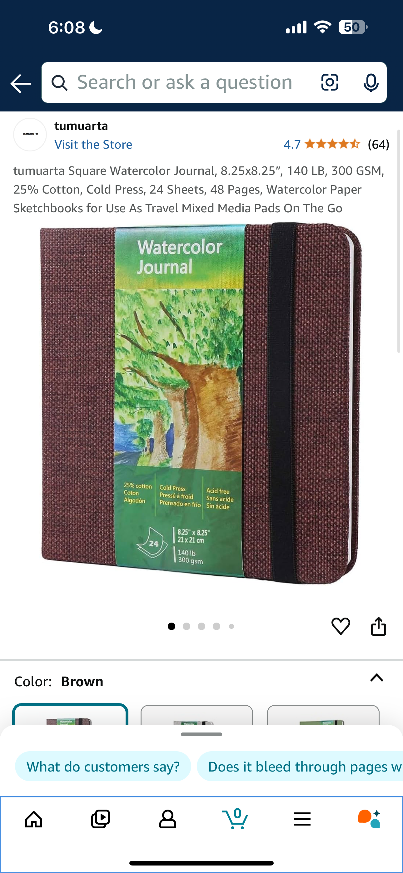 tumuarta Square Watercolor Journal, 8.25x8.25”, 140 LB, 300 GSM, 25% Cotton, Cold Press, 24 Sheets, 48 Pages, Watercolor Paper Sketchbooks for Use As Travel Mixed Media Pads On The Go