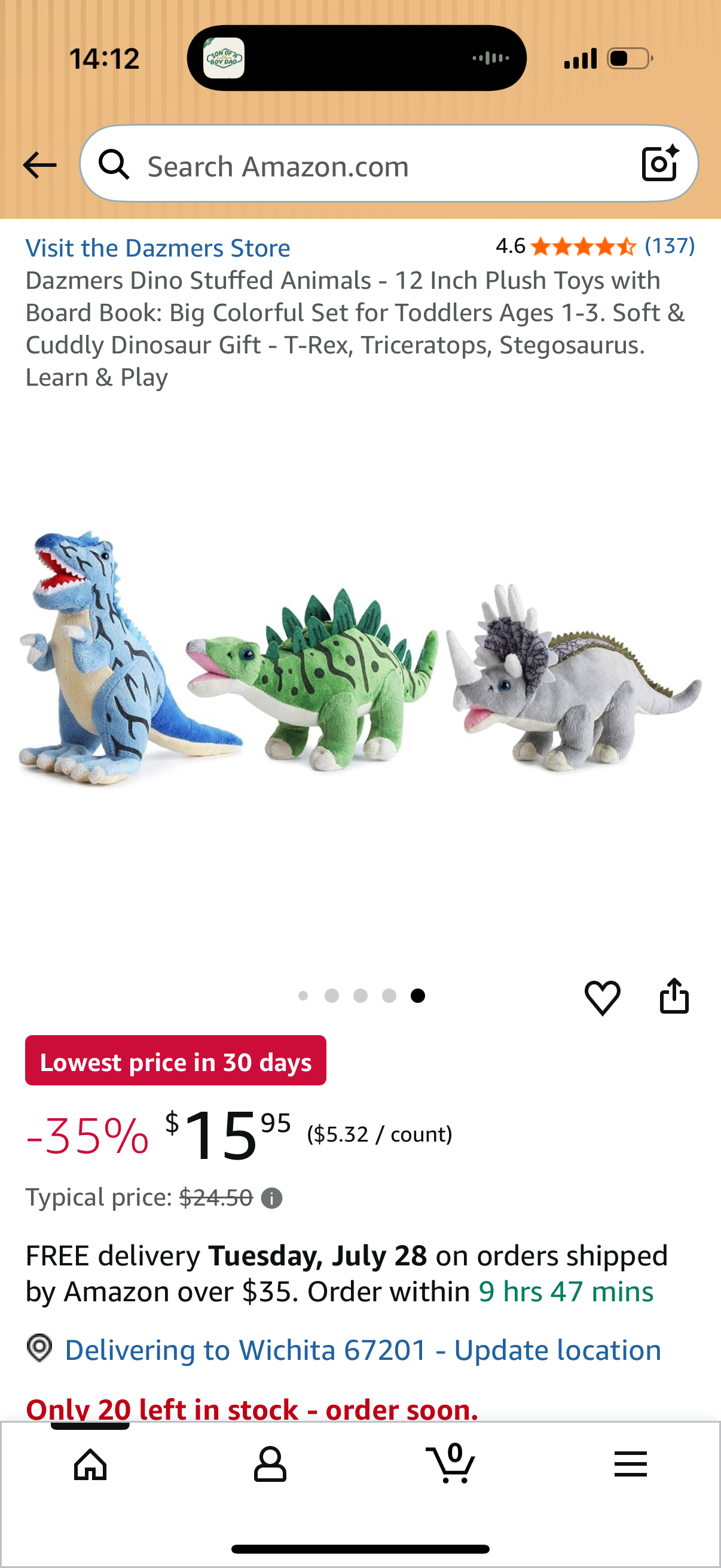 Dazmers Dino Stuffed Animals - 12 Inch Plush Toys with Board Book: Big Colorful Set for Toddlers Ages 1-3. Soft & Cuddly Dinosaur Gift - T-Rex, Triceratops, Stegosaurus. Learn & Play
