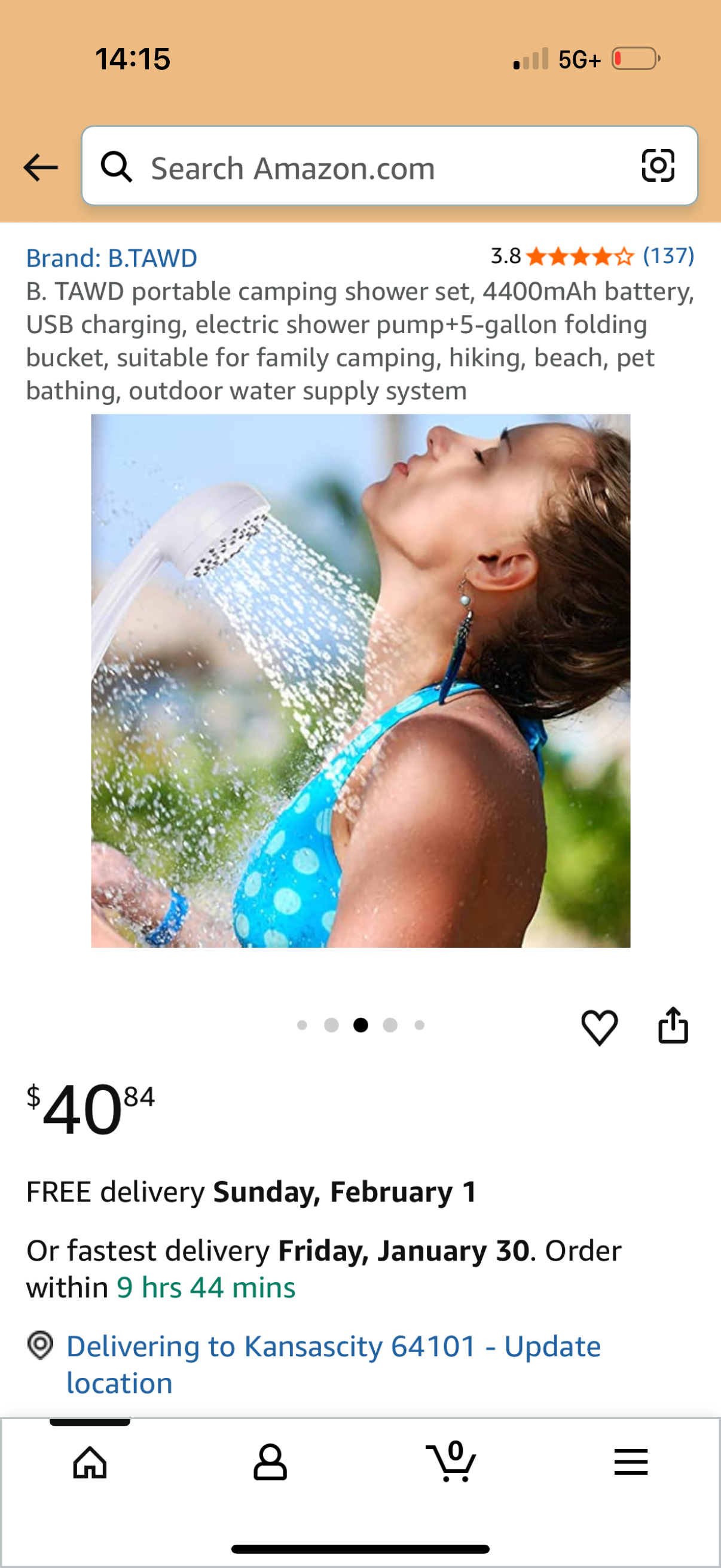 B. TAWD portable camping shower set, 4400mAh battery, USB charging, electric shower pump+5-gallon folding bucket, suitable for family camping, hiking, beach, pet bathing, outdoor water supply system