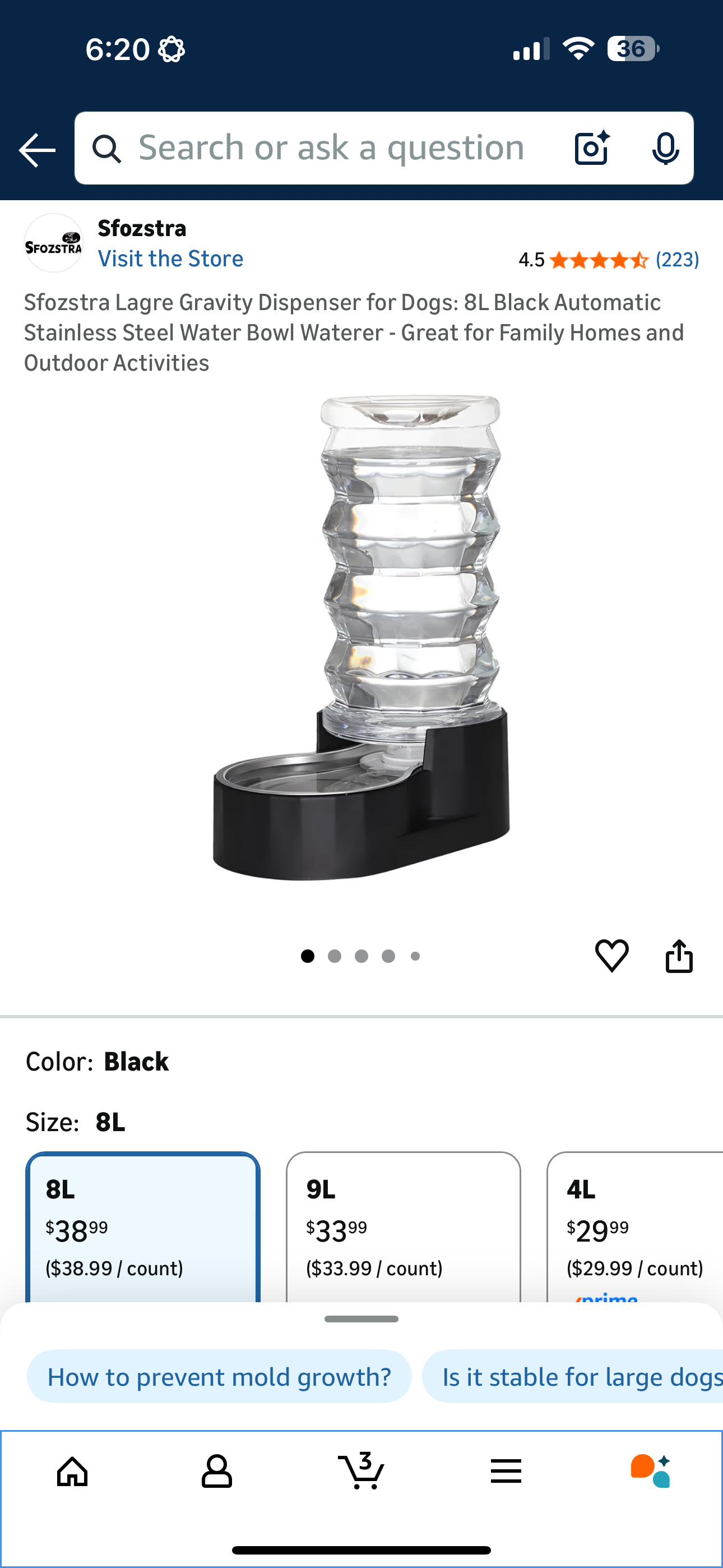 Sfozstra Lagre Gravity Dispenser for Dogs: 8L Black Automatic Stainless Steel Water Bowl Waterer - Great for Family Homes and Outdoor Activities