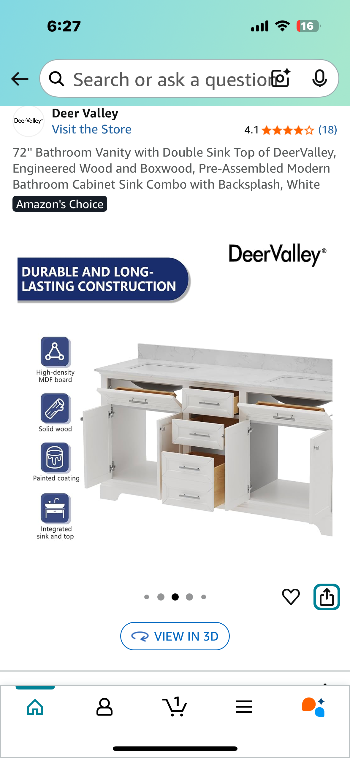 DeerValley 72" Bathroom Vanity with Double Sink, Pre-Assembled Modern Bathroom Cabinet Sink Combo with Backsplash, White (B1065)
