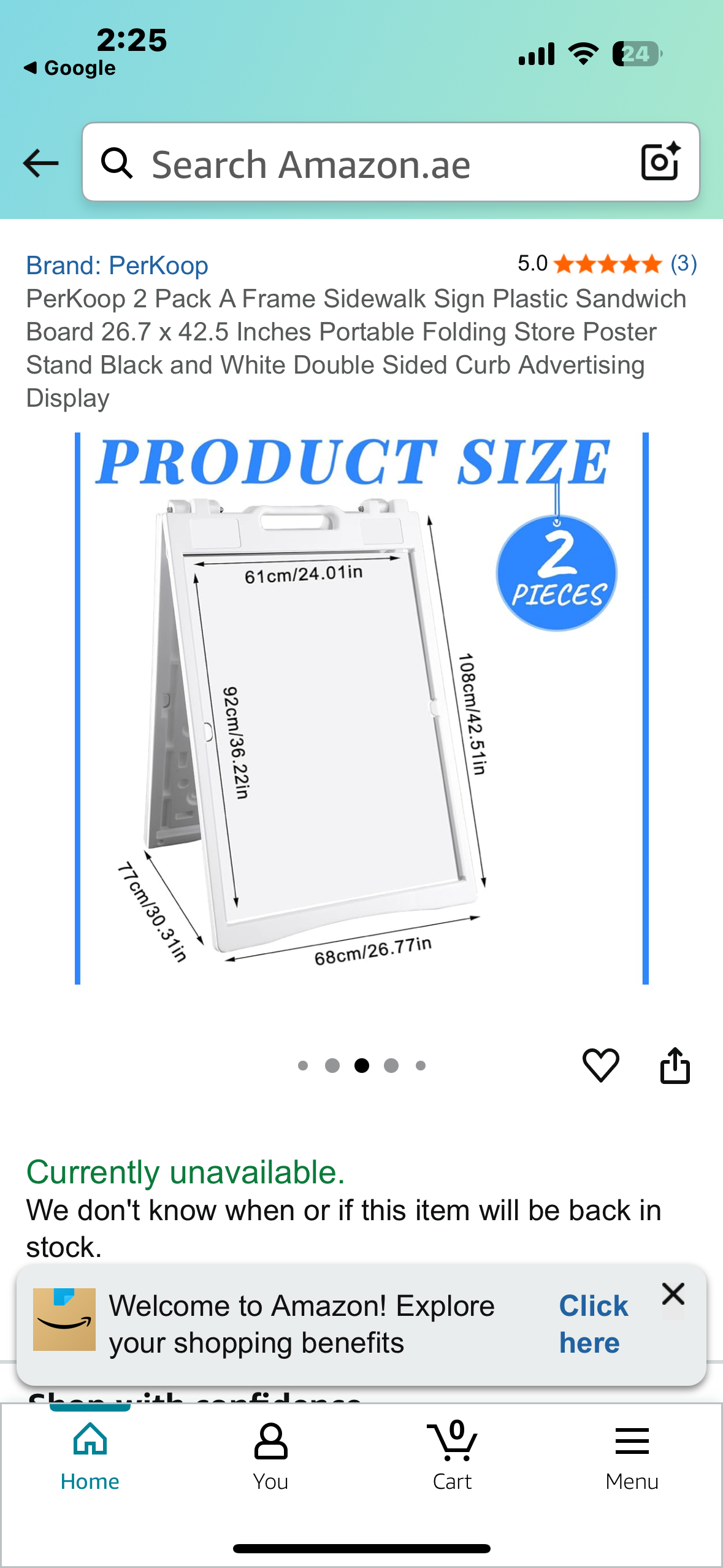PerKoop 2 Pack A Frame Sidewalk Signs, Plastic Sandwich Boards 26.7”x 42.5”, Portable Folding Black and White Double Sided Advertising Display (R627)