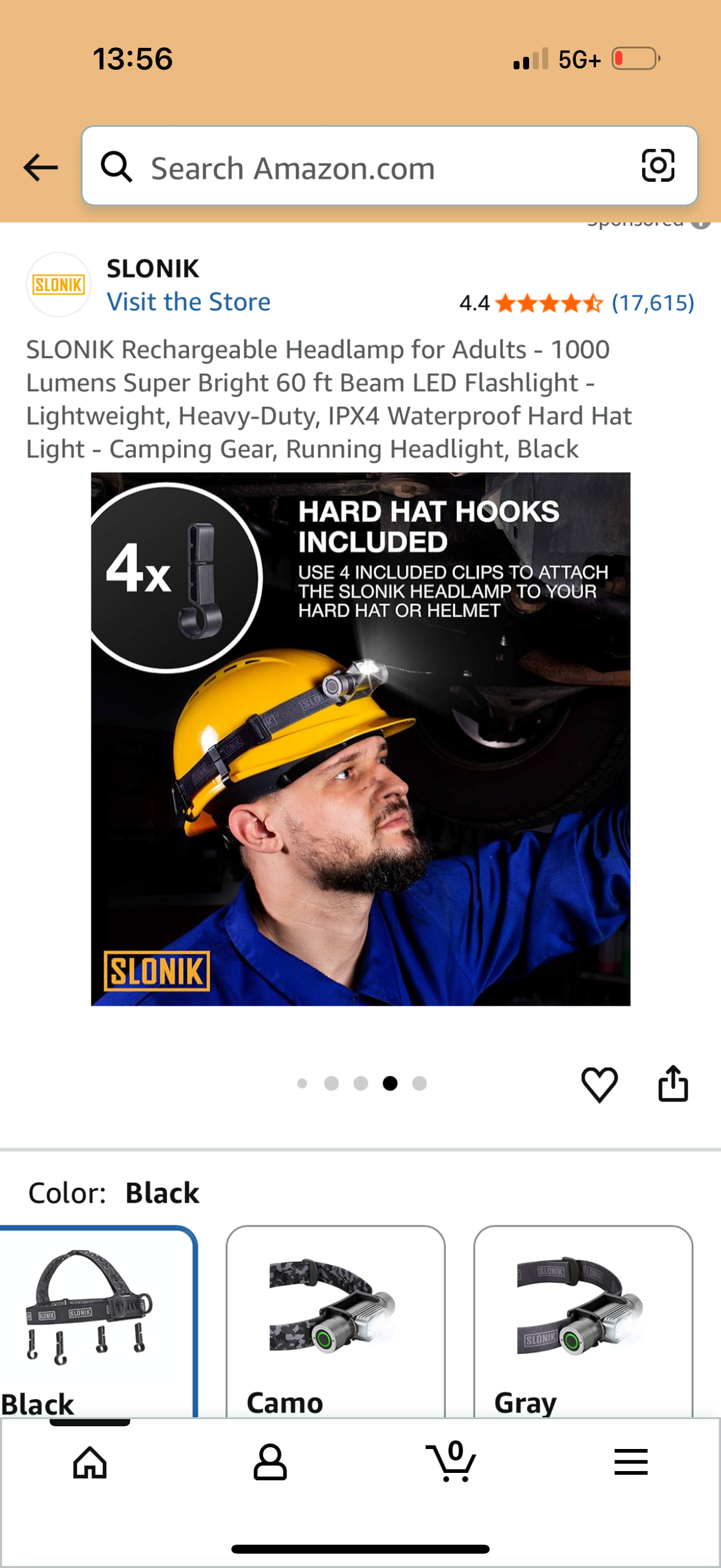 SLONIK Rechargeable Headlamp for Adults - 1000 Lumens Super Bright 60 ft Beam LED Flashlight - Lightweight, Heavy-Duty, IPX4 Waterproof Hard Hat Light - Camping Gear, Running Headlight, Black