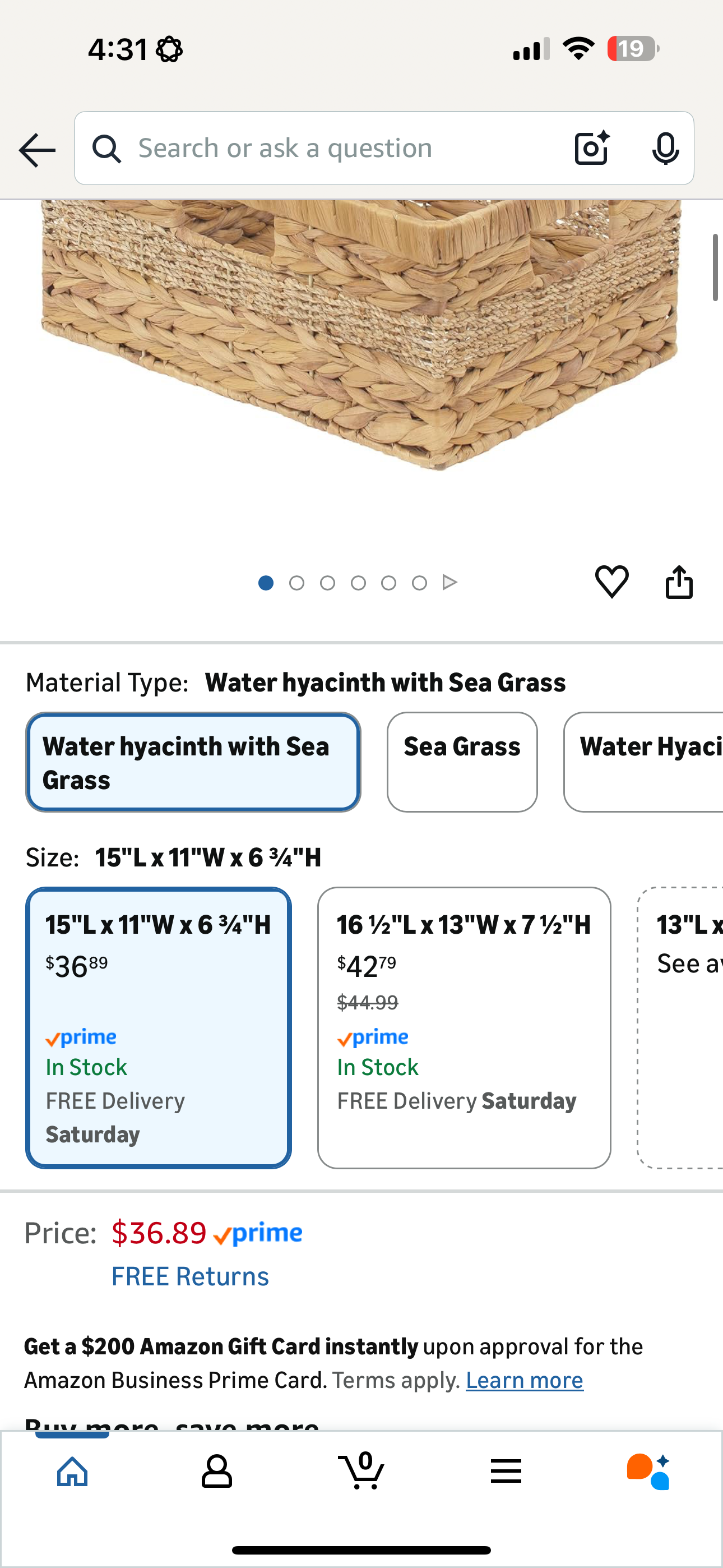 StorageWorks Large Rectangular Wicker Basket, Water Hyacinth and Seagrass Storage Basket with Built-in Handles, 1 Pack