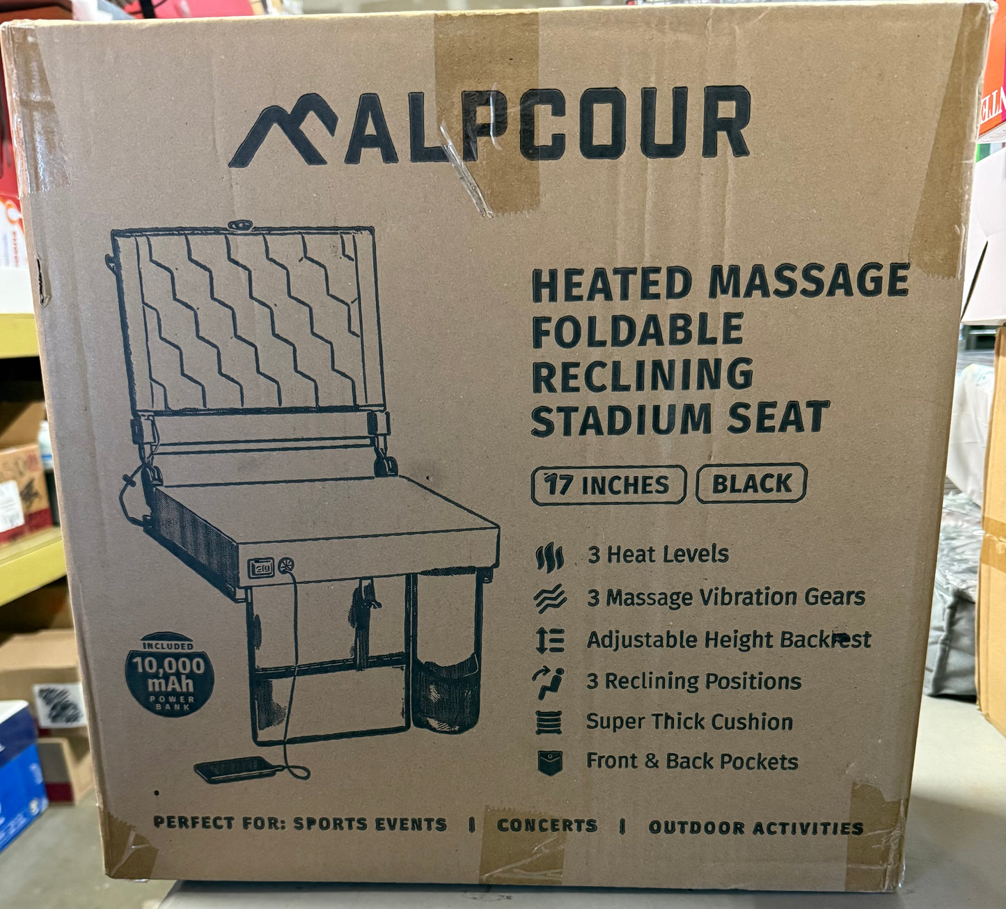 Foldable Reclining Heated Massage Stadium Seat with Multiple Pockets, Anti-Slip Bottom, Bleacher Hooks, Bag Hook, Adjustable Height