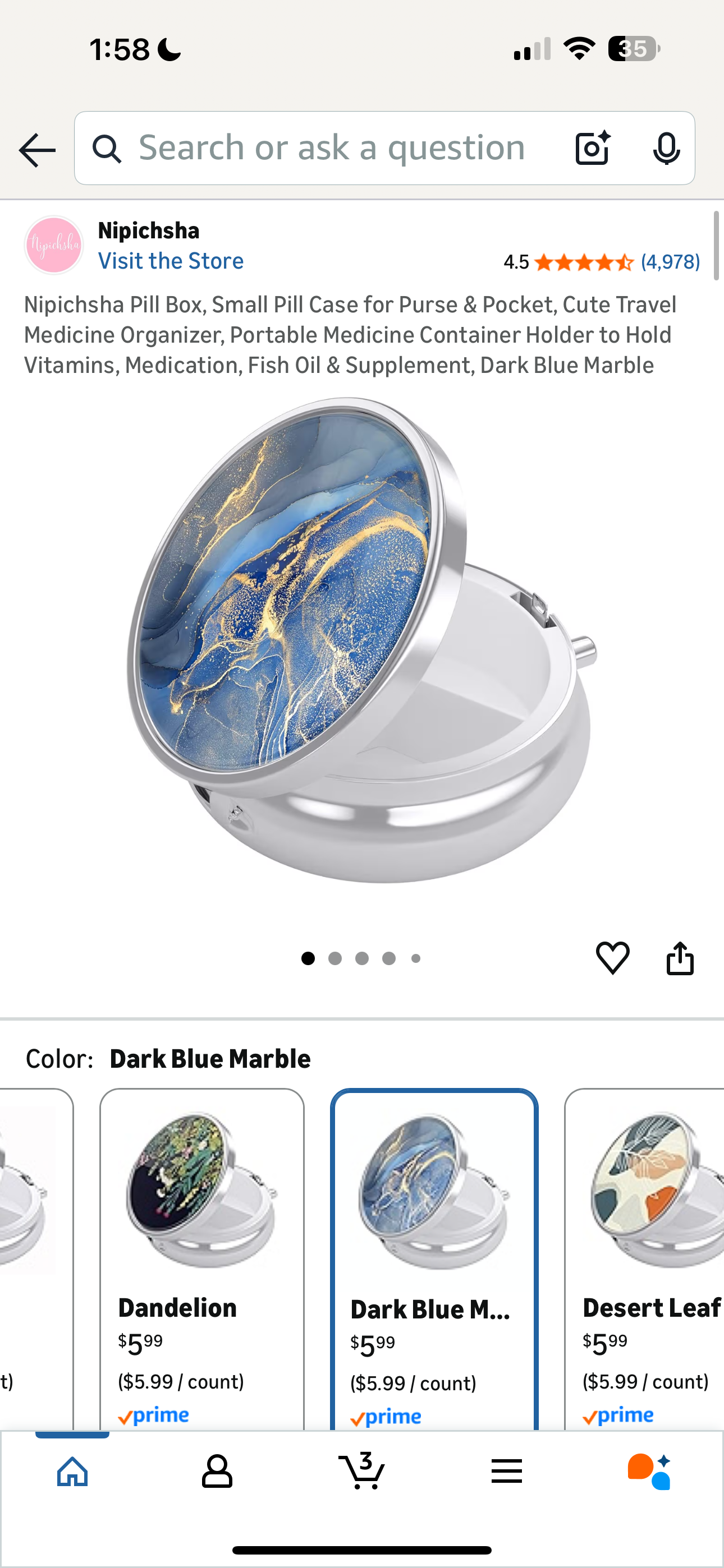 Nipichsha Pill Box, Small Pill Case for Purse & Pocket, Cute Travel Medicine Organizer, Portable Medicine Container Holder to Hold Vitamins, Medication, Fish Oil & Supplement, Dark Blue Marble