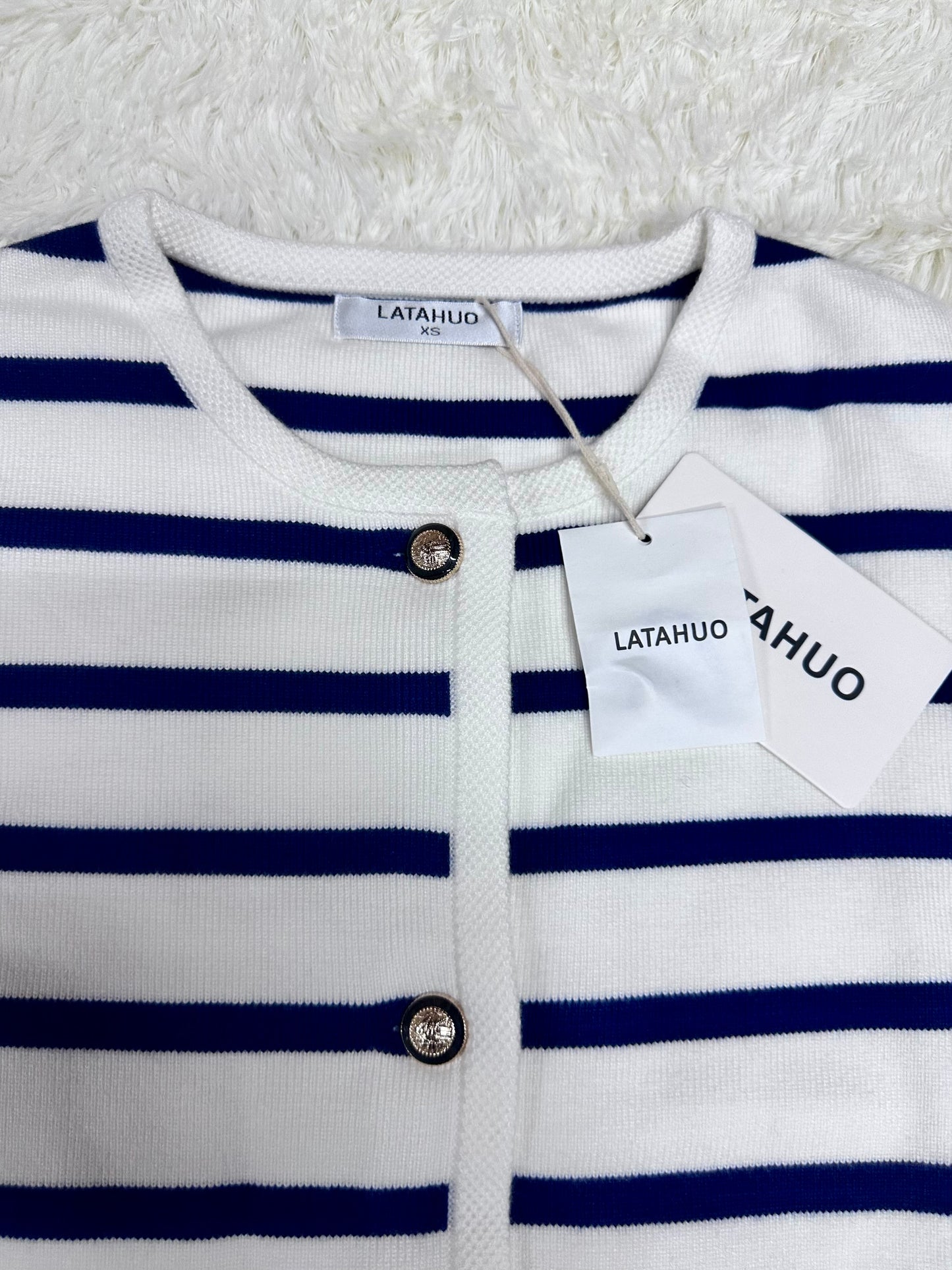 Women's Striped Cardigan Sweater Trendy Long Sleeve Button Down Crewneck Knit Cardigan (Size X-Small)