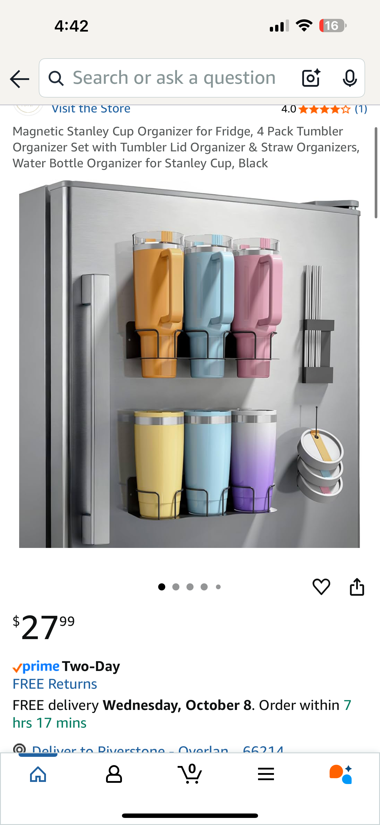 Magnetic Stanley Cup Organizer for Fridge, 4 Pack Tumbler Organizer Set with Tumbler Lid Organizer & Straw Organizers, Water Bottle Organizer for Stanley Cup