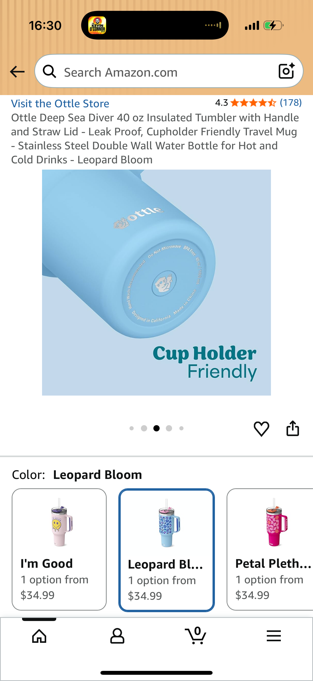 Ottle Deep Sea Diver 40 oz Insulated Tumbler with Handle and Straw Lid - Leak Proof, Cupholder Friendly Travel Mug - Stainless Steel Double Wall Water Bottle for Hot and Cold Drinks - Leopard Bloom