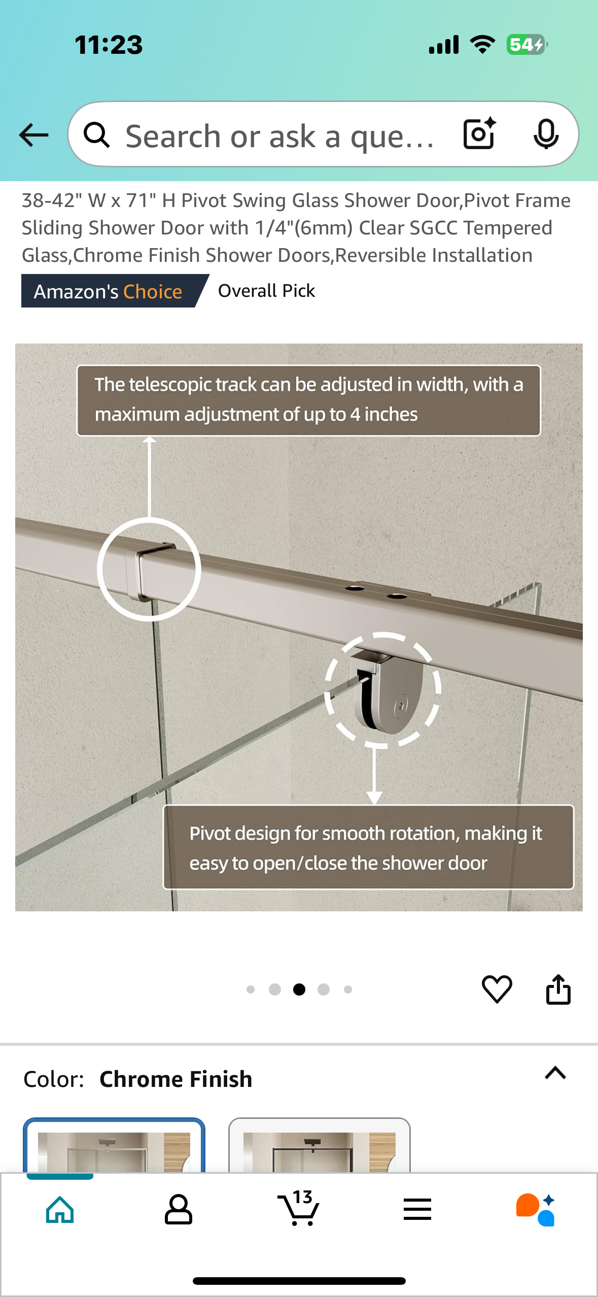 New - 38-42" W x 71" H Pivot Swing Glass Shower Door with 1/4"(6mm) Clear Tempered Glass, Reversible (B835)