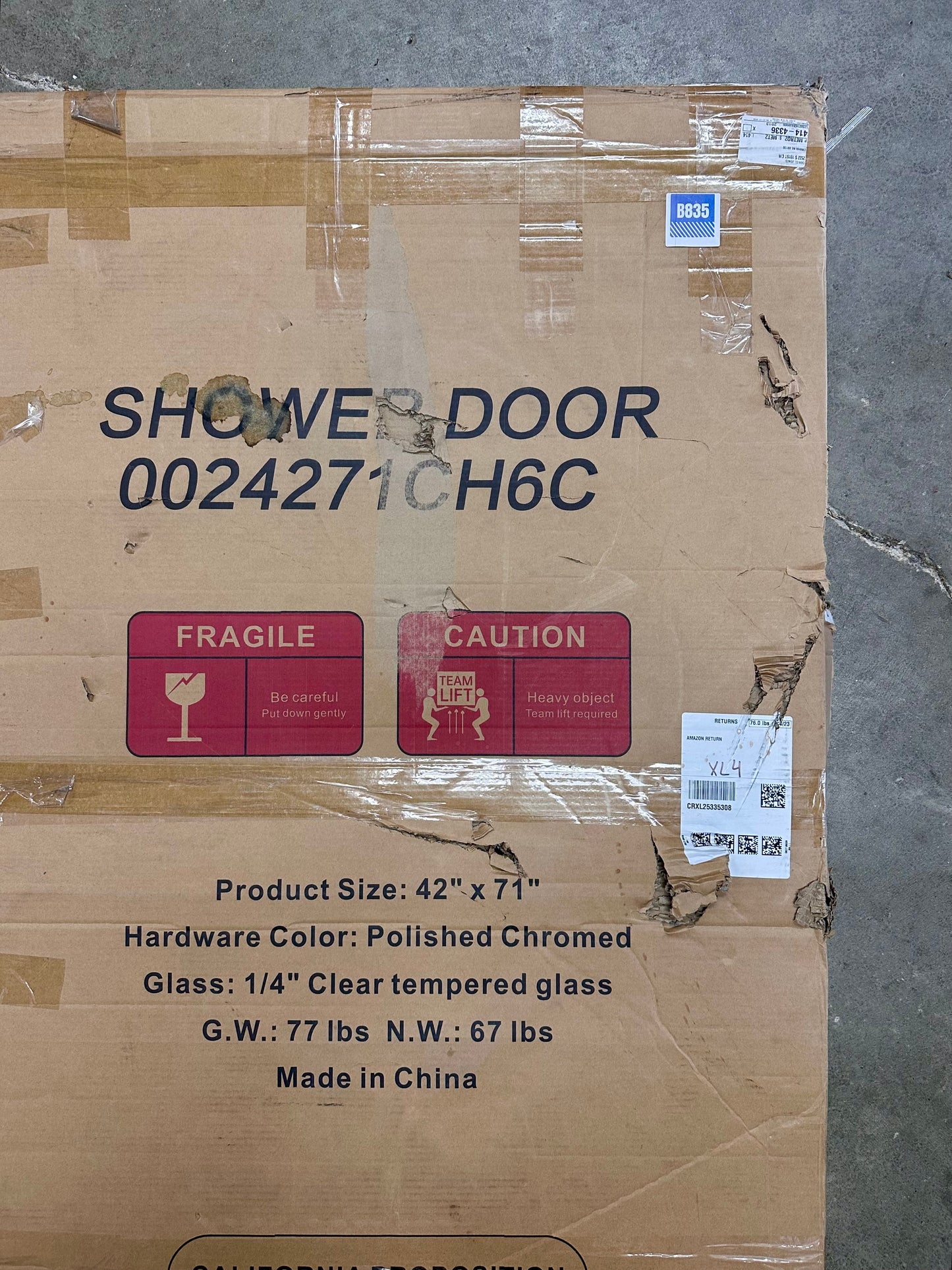 New - 38-42" W x 71" H Pivot Swing Glass Shower Door with 1/4"(6mm) Clear Tempered Glass, Reversible (B835)