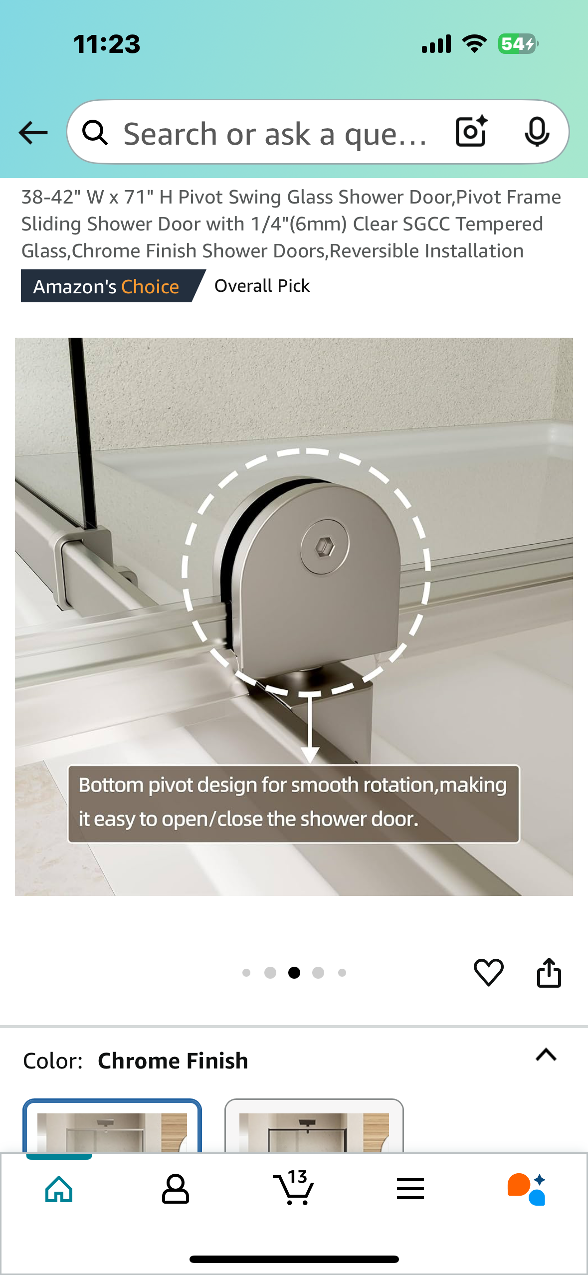 New - 38-42" W x 71" H Pivot Swing Glass Shower Door with 1/4"(6mm) Clear Tempered Glass, Reversible (B835)