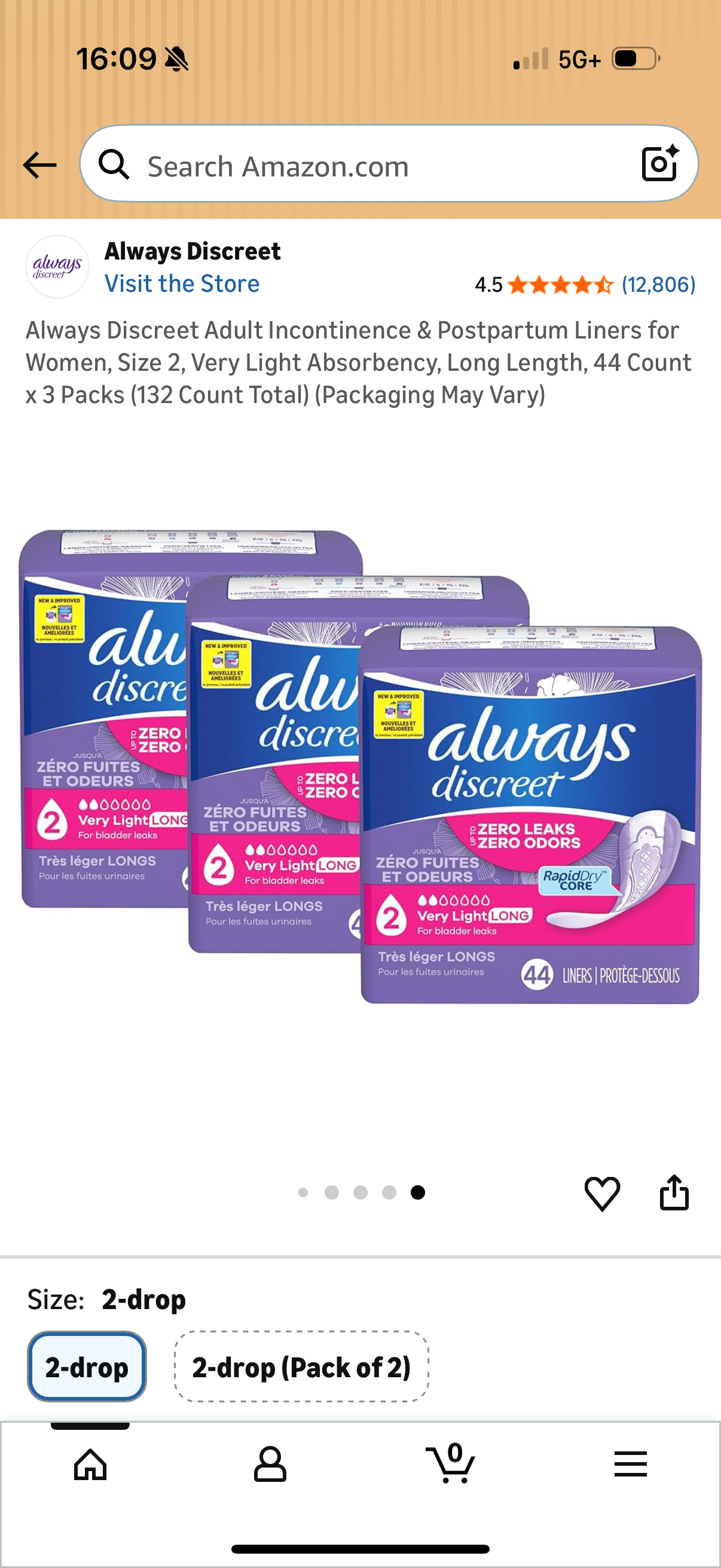 Always Discreet Adult Incontinence & Postpartum Liners for Women, Size 2, Very Light Absorbency, Long Length, 44 Count x 3 Packs (132 Count Total)