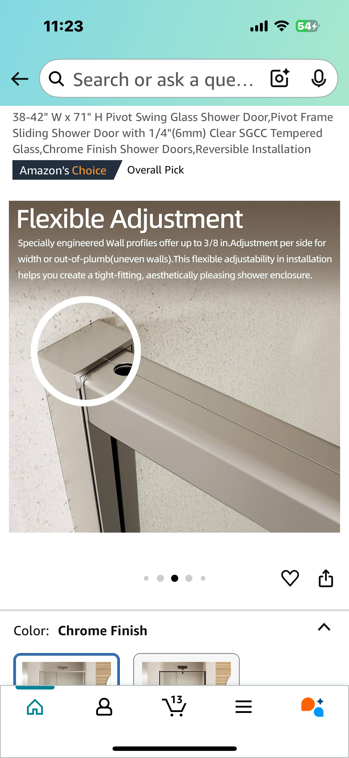 New - 38-42" W x 71" H Pivot Swing Glass Shower Door with 1/4"(6mm) Clear Tempered Glass, Reversible (B835)