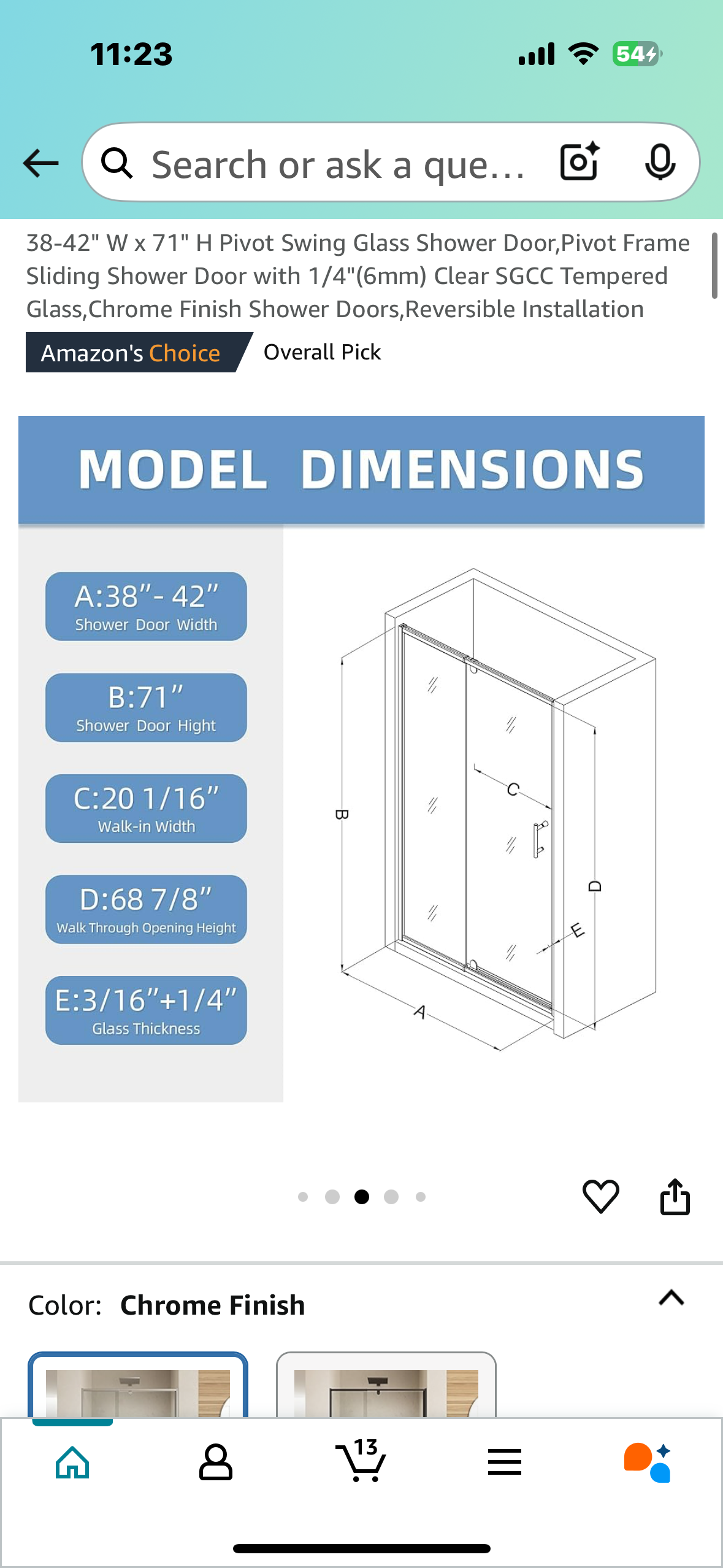 New - 38-42" W x 71" H Pivot Swing Glass Shower Door with 1/4"(6mm) Clear Tempered Glass, Reversible (B835)