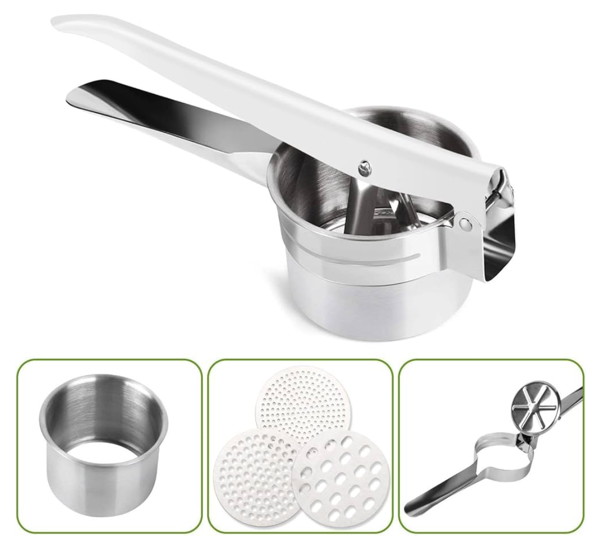 Stainless Steel Potato Ricer Masher with 3 Removable and Interchangeable Discs, Food Ricer, Fruit and Vegetables Press, Manual Masher Kitchen Tool