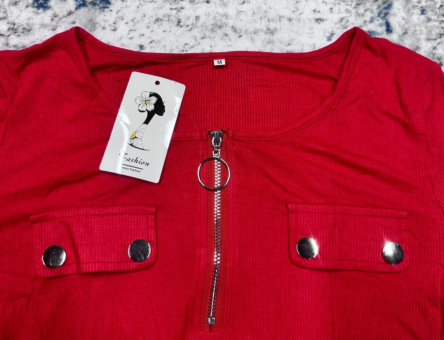 Women's Ribbed Long Sleeve Shirt, Button And Zipper Accents (Size Medium)