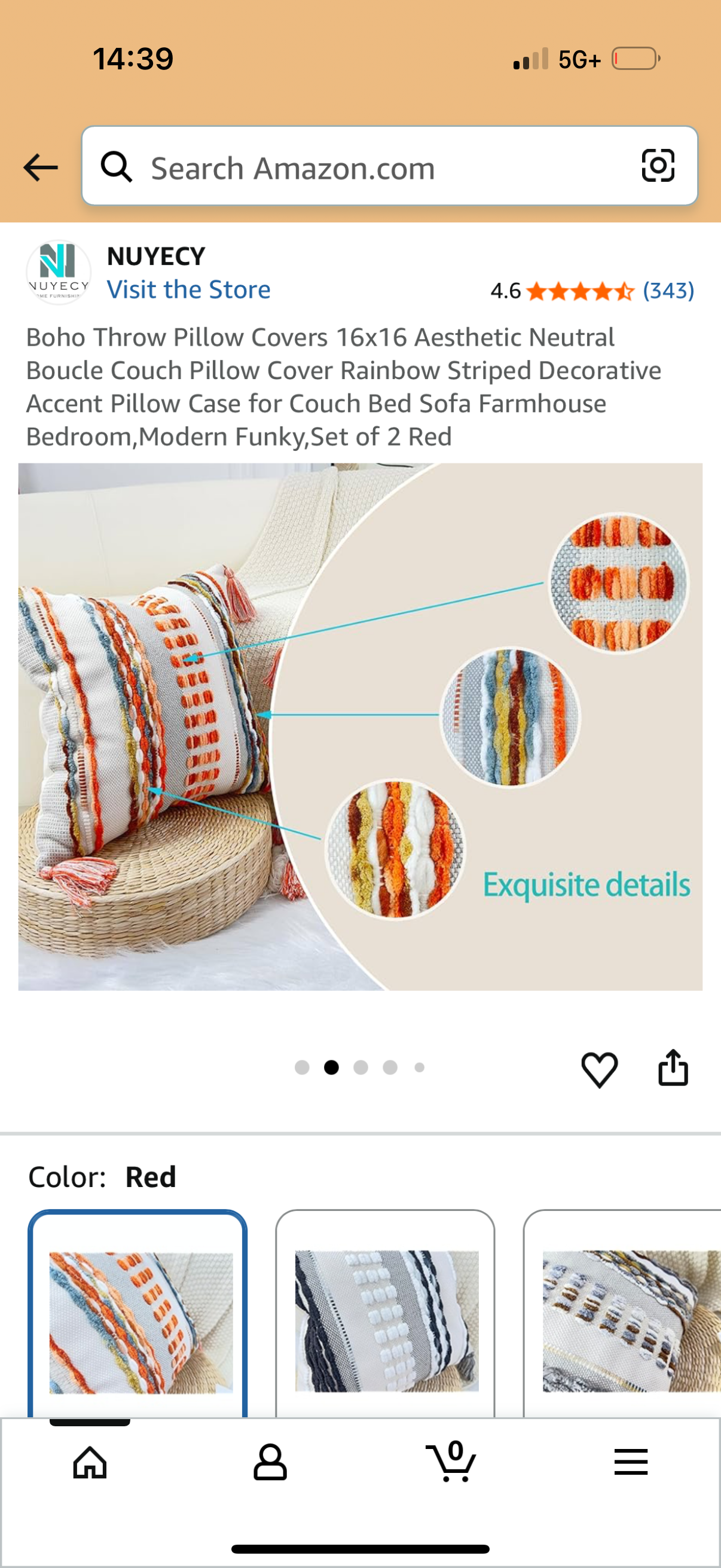 Boho Throw Pillow Covers 16x16 Aesthetic Neutral Boucle Couch Pillow Cover Rainbow Striped Decorative Accent Pillow Case for Couch Bed Sofa Farmhouse Bedroom,Modern Funky,Set of 2 Red