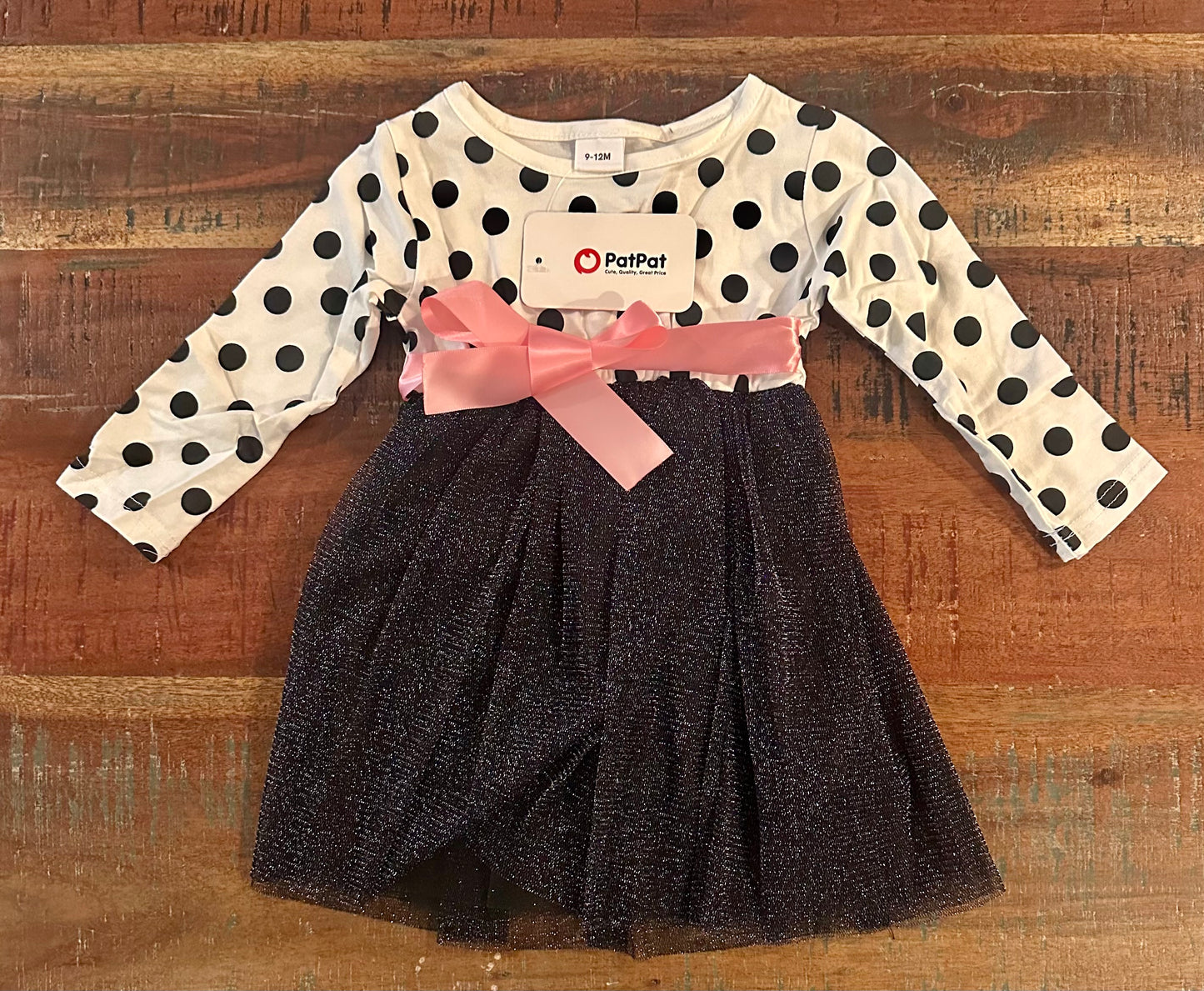Cotton Polka Dot Long Sleeve Baby Bowknot Party Dress (Size 9-12 months)