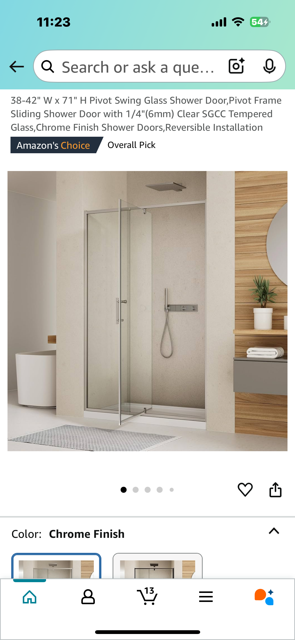 New - 38-42" W x 71" H Pivot Swing Glass Shower Door with 1/4"(6mm) Clear Tempered Glass, Reversible (B835)