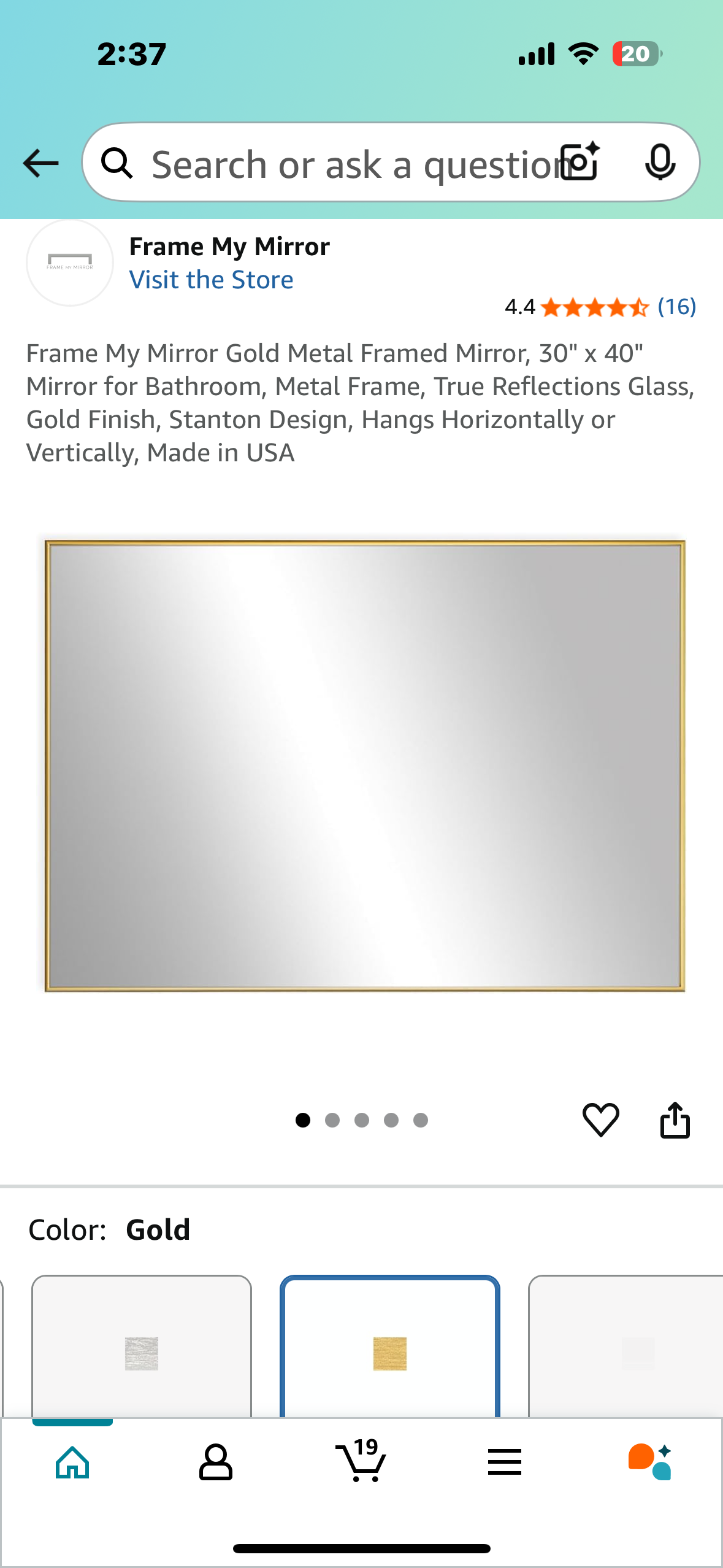 Frame My Mirror Gold Metal Framed Mirror, 30" x 40" Mirror for Bathroom, Metal Frame, True Reflections Glass, Gold Finish, Stanton Design, Hangs Horizontally or Vertically, Made in USA (M380)