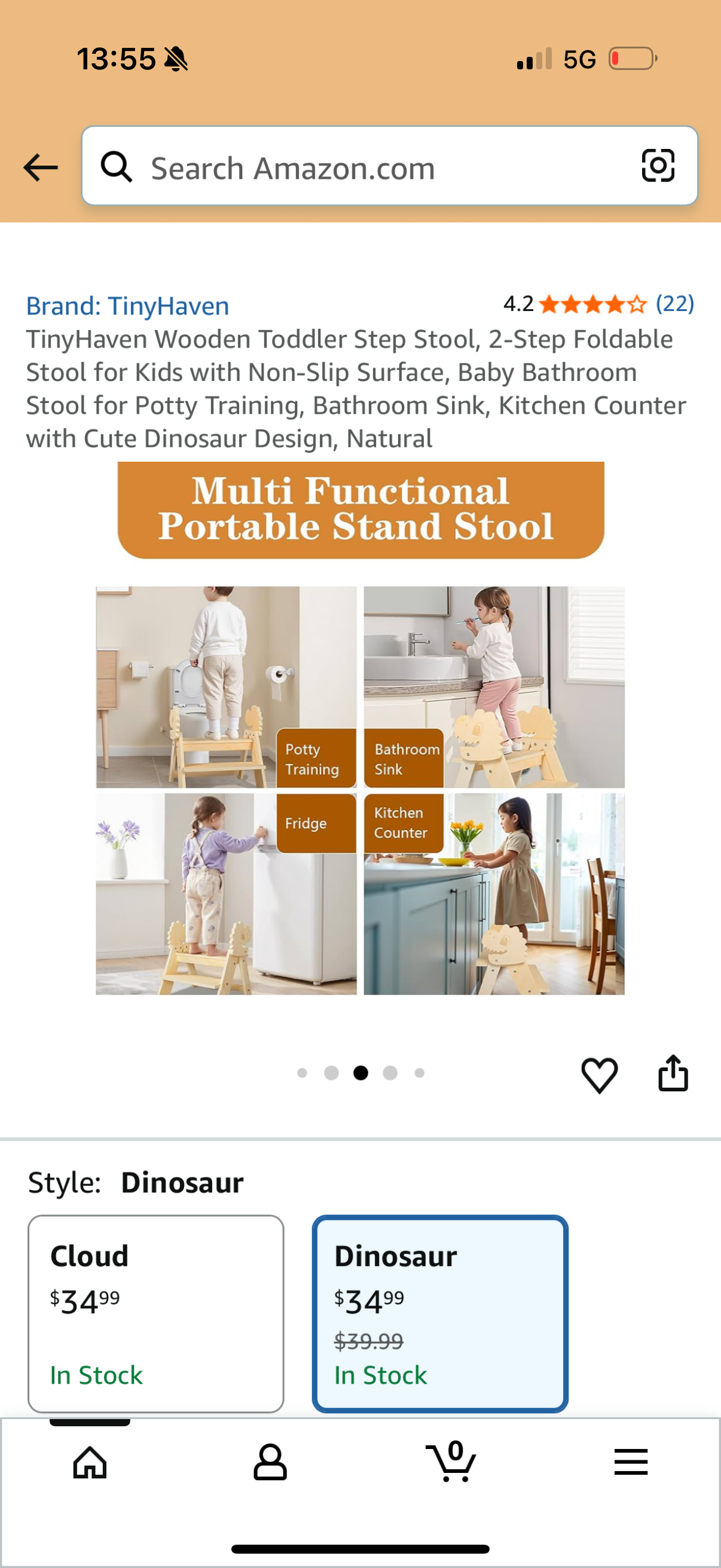 Wooden Toddler Step Stool, 2-Step Foldable Stool for Kids with Non-Slip Surface, Baby Bathroom Stool for Potty Training, Bathroom Sink, Kitchen Counter with Cute Dinosaur Design