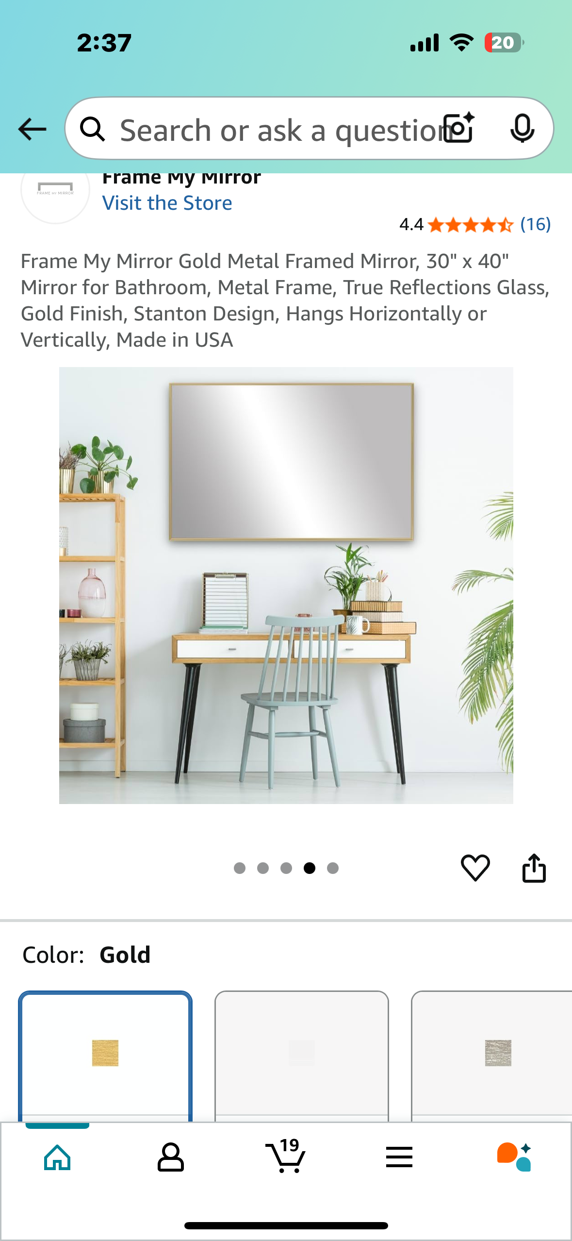 Frame My Mirror Gold Metal Framed Mirror, 30" x 40" Mirror for Bathroom, Metal Frame, True Reflections Glass, Gold Finish, Stanton Design, Hangs Horizontally or Vertically, Made in USA (M380)