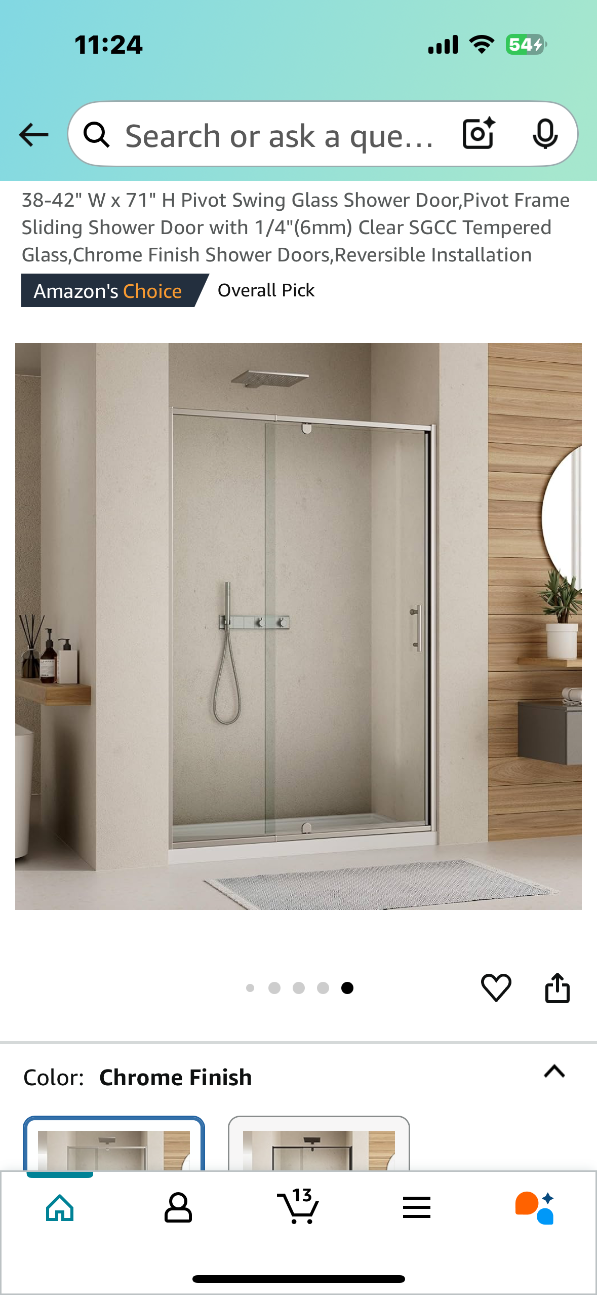 New - 38-42" W x 71" H Pivot Swing Glass Shower Door with 1/4"(6mm) Clear Tempered Glass, Reversible (B835)