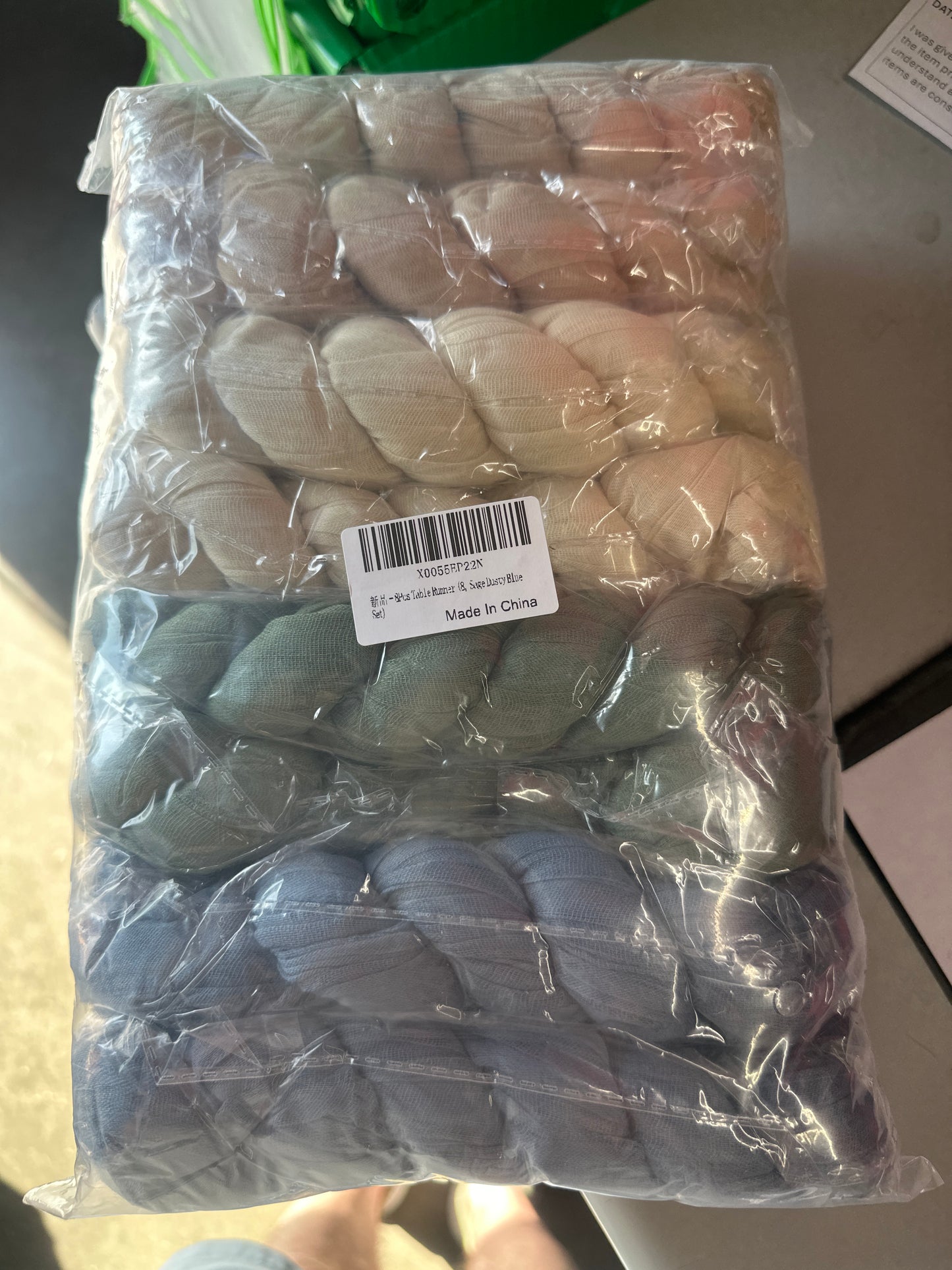 8 Pcs Sage Green & Dusty Blue Cheesecloth Gauze Table Runners, 35 x 120 in 2 each in sage green, dusty blue, ivory, champagne for wedding, bridal baby shower and birthday party table decor