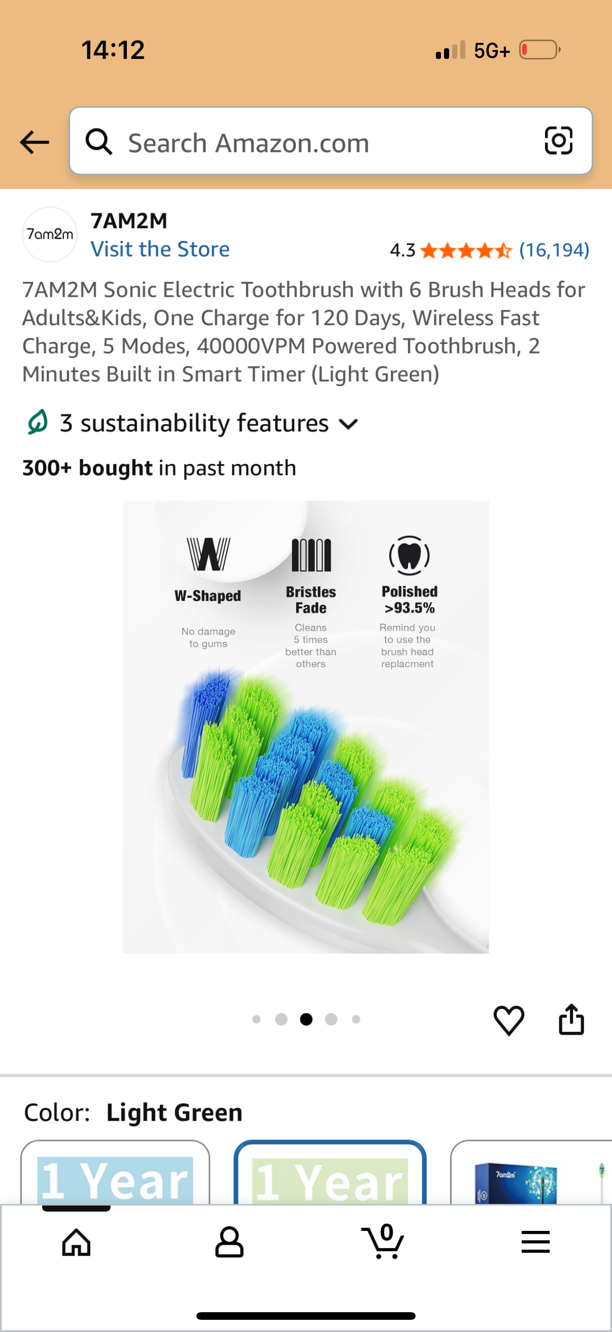 7AM2M Sonic Electric Toothbrush with 6 Brush Heads for Adults&Kids, One Charge for 120 Days, Wireless Fast Charge, 5 Modes, 40000VPM Powered Toothbrush, 2 Minutes Built in Smart Timer (Light Green)