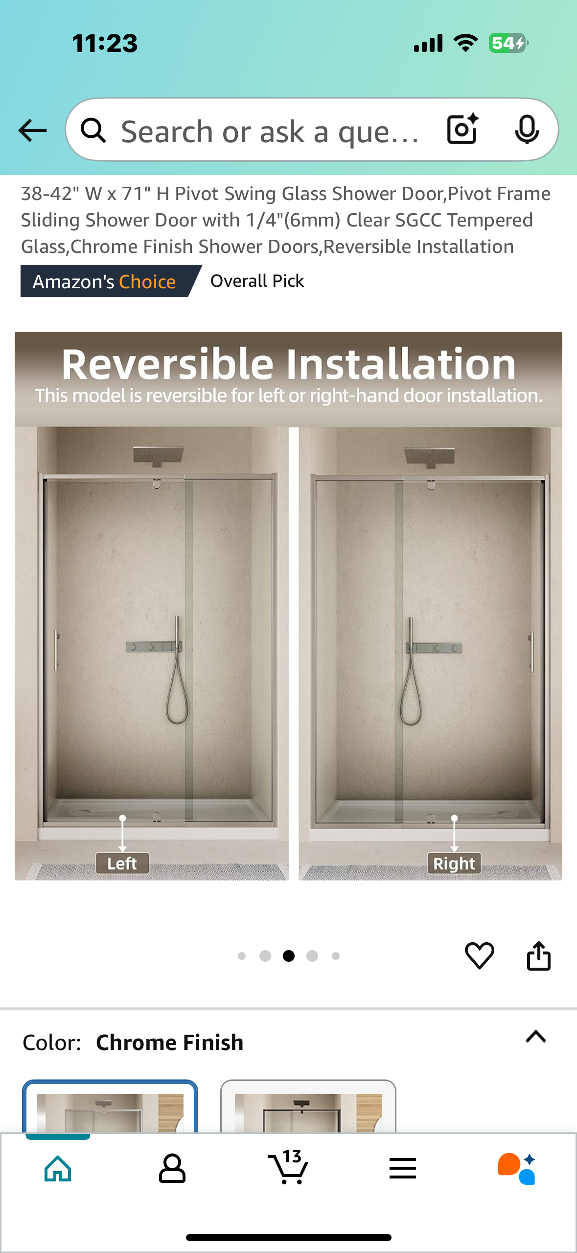 New - 38-42" W x 71" H Pivot Swing Glass Shower Door with 1/4"(6mm) Clear Tempered Glass, Reversible (B835)