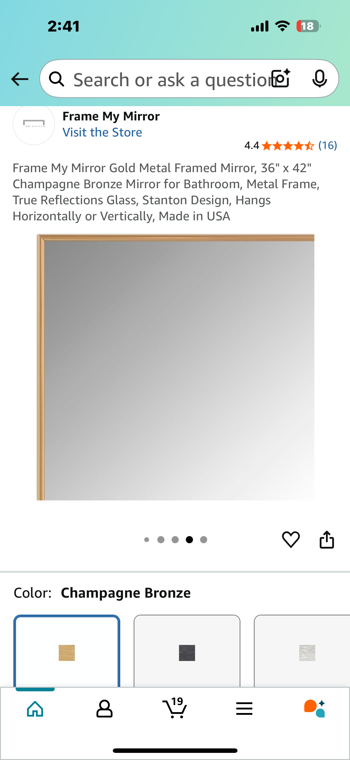 Mirror Gold Metal Framed Mirror, 36x 42”, Metal Frame, True Reflections Glass, Gold Finish, Stanton Design, Hangs Horizontally or Vertically, Made in USA (M379)
