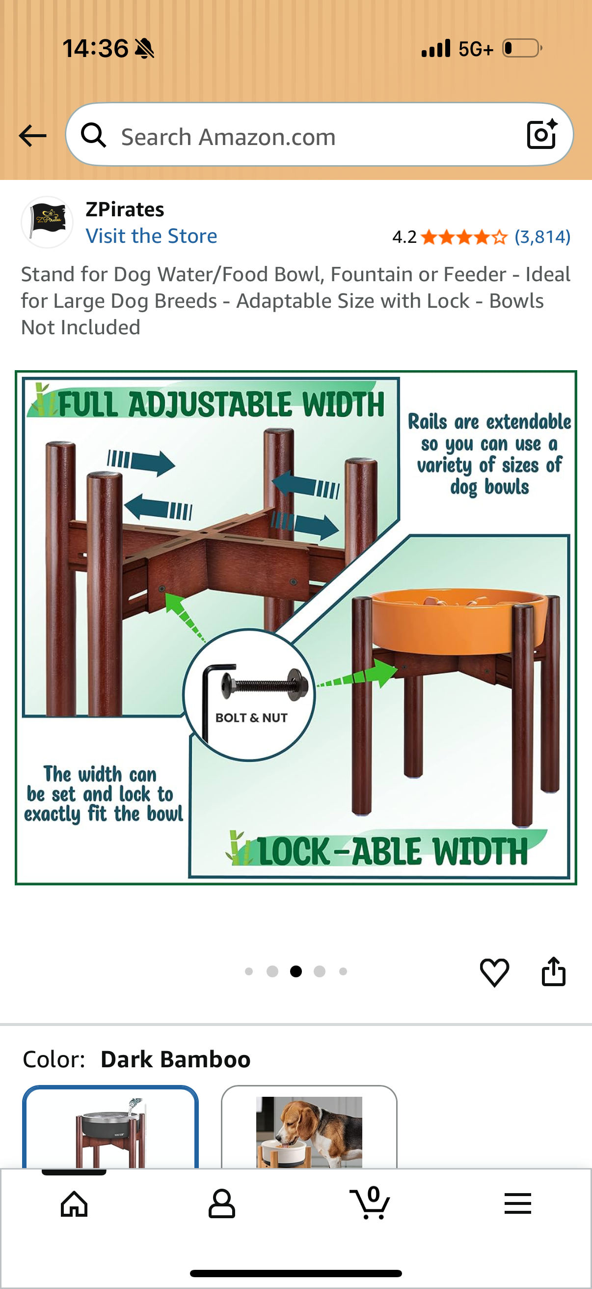 Dog Bowl Stand for Large Breed - Raise, Elevate Bowls to 14-inch High - Adjustable, Fits Any Single Pet Food/Water Feeders and Fountains - Durable Bamboo