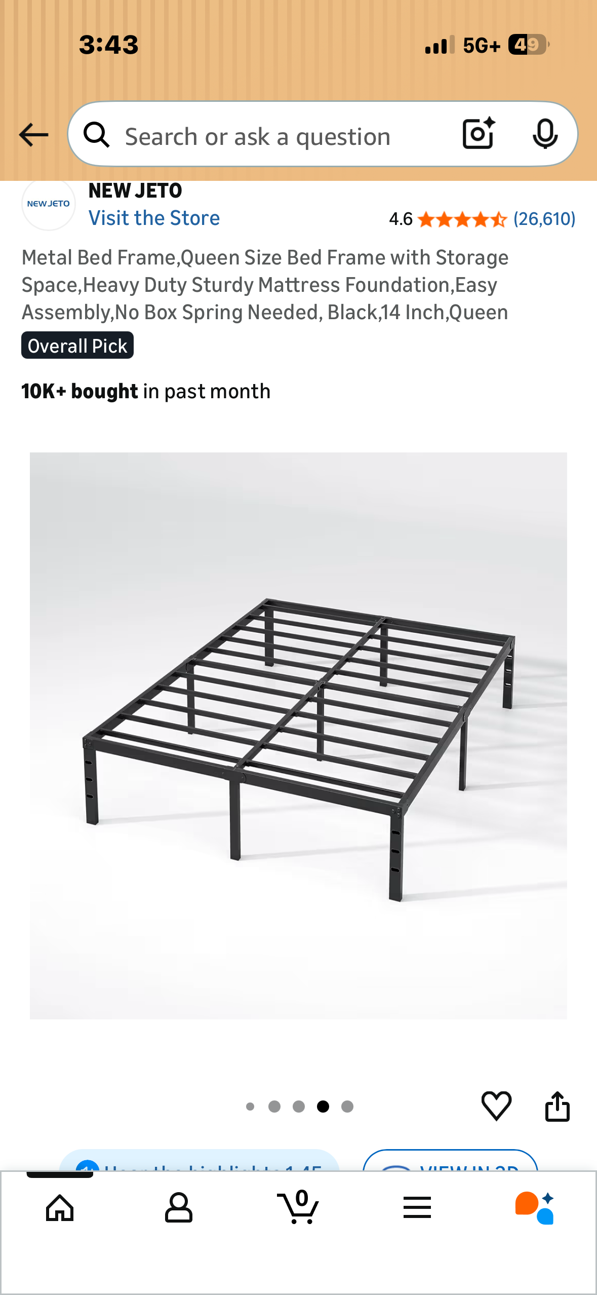 Metal Bed Frame,Queen Size Bed Frame with Storage Space,Heavy Duty Sturdy Mattress Foundation,Easy Assembly,No Box Spring Needed, Black,14 Inch,Queen (B1233)