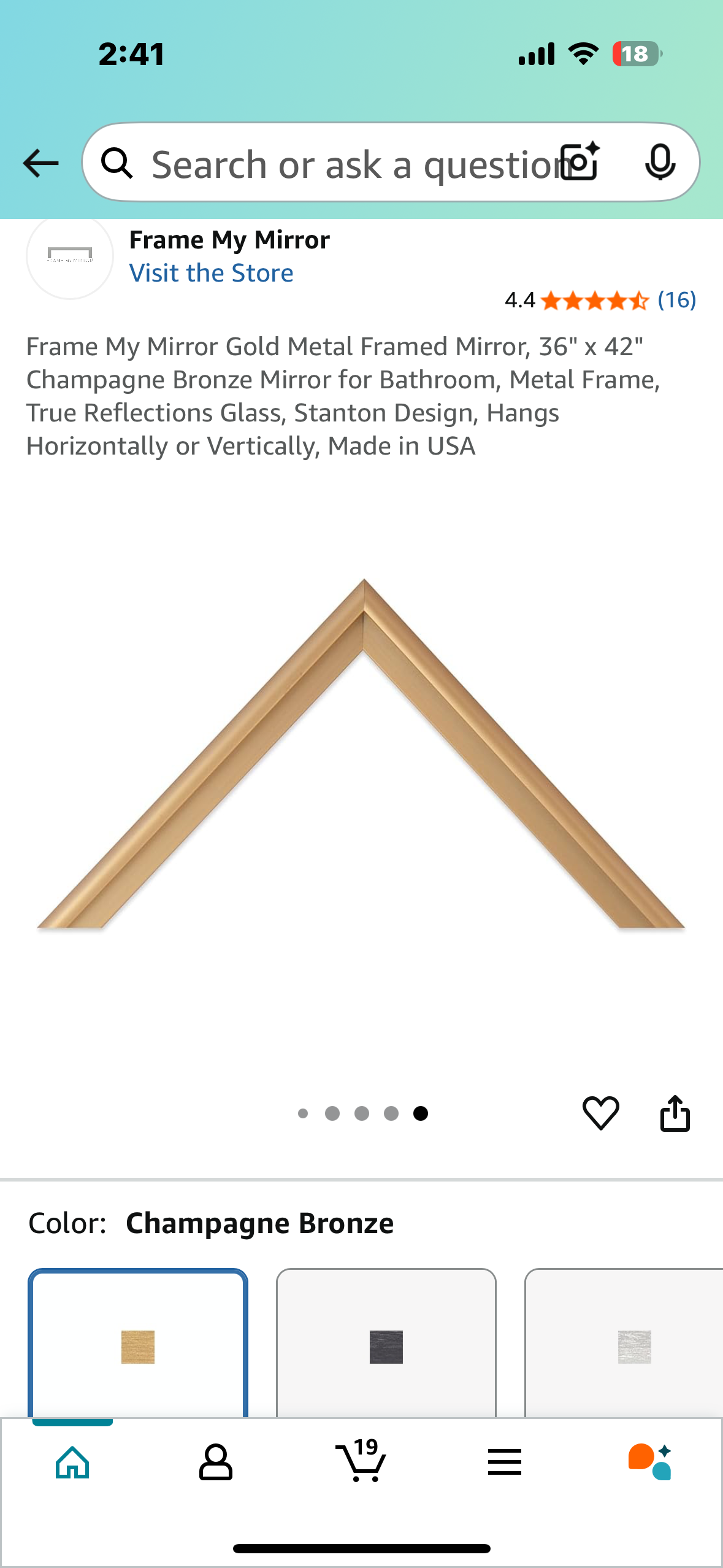 Mirror Gold Metal Framed Mirror, 36x 42”, Metal Frame, True Reflections Glass, Gold Finish, Stanton Design, Hangs Horizontally or Vertically, Made in USA (M379)