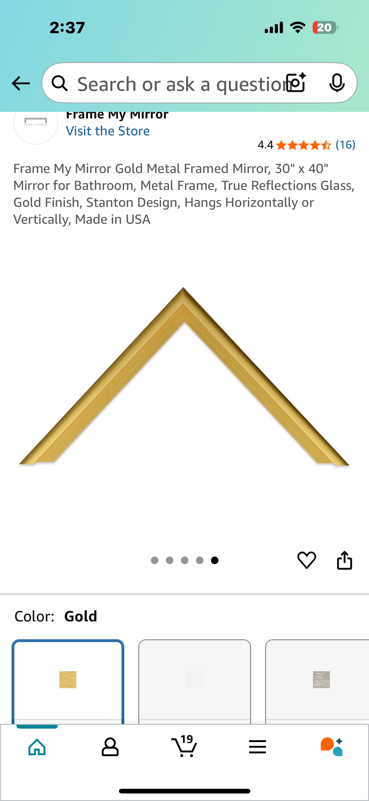 Frame My Mirror Gold Metal Framed Mirror, 30" x 40" Mirror for Bathroom, Metal Frame, True Reflections Glass, Gold Finish, Stanton Design, Hangs Horizontally or Vertically, Made in USA (M380)