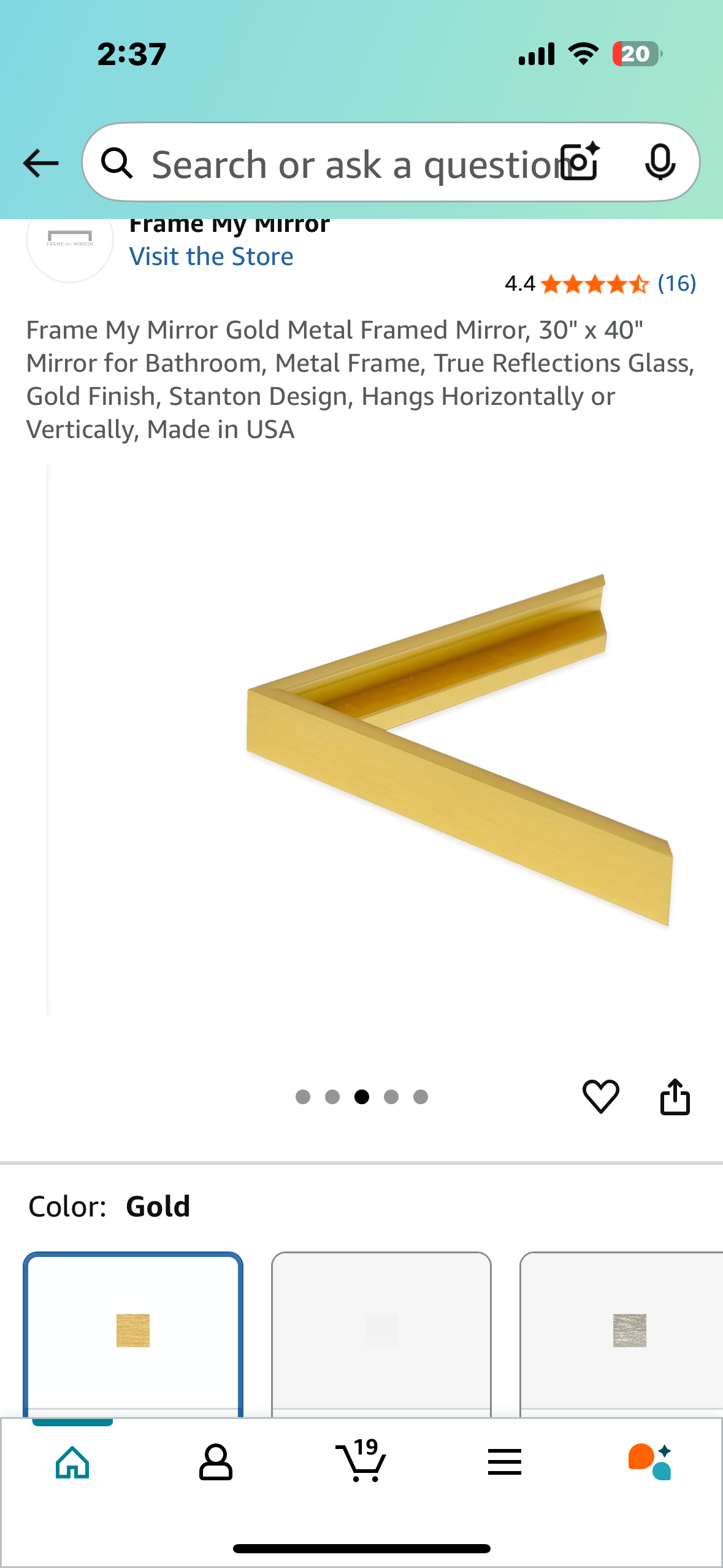 Frame My Mirror Gold Metal Framed Mirror, 30" x 40" Mirror for Bathroom, Metal Frame, True Reflections Glass, Gold Finish, Stanton Design, Hangs Horizontally or Vertically, Made in USA (M380)