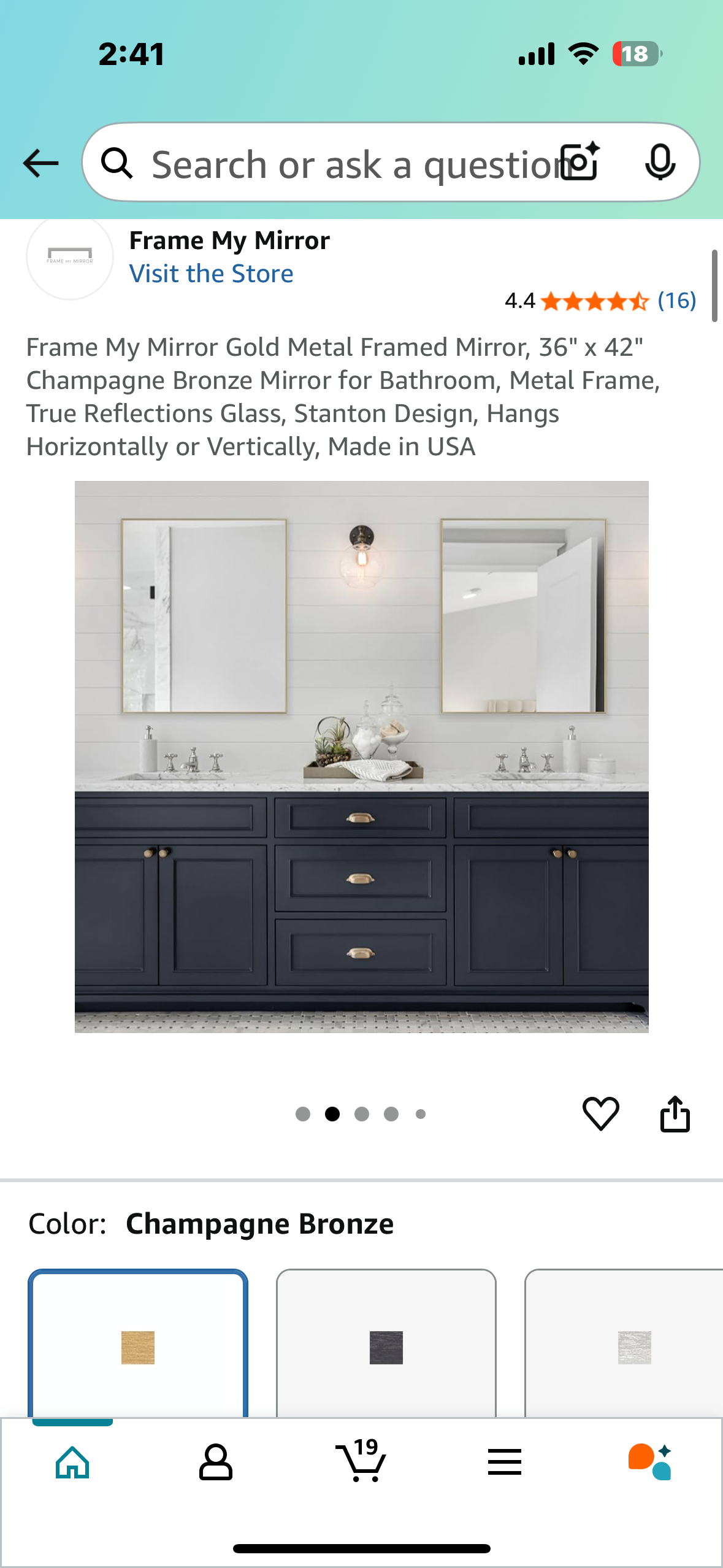 Mirror Gold Metal Framed Mirror, 36x 42”, Metal Frame, True Reflections Glass, Gold Finish, Stanton Design, Hangs Horizontally or Vertically, Made in USA (M379)