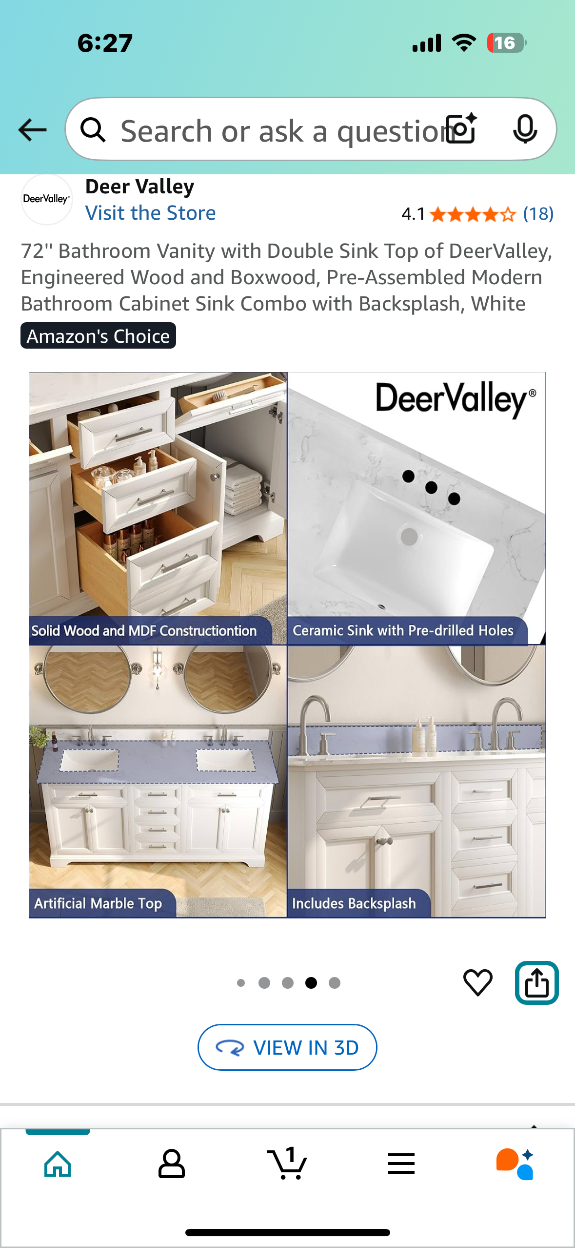 DeerValley 72" Bathroom Vanity with Double Sink, Pre-Assembled Modern Bathroom Cabinet Sink Combo with Backsplash, White (B1065)
