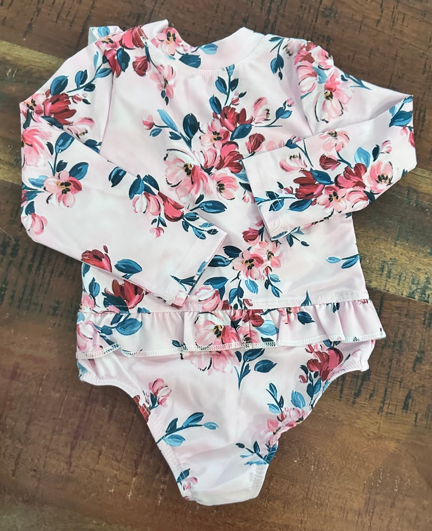 Toddlers Swim Outfit, Floral Summer Long Sleeve With Snaps (Size 6-12Months)
