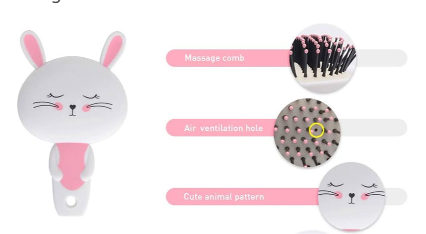 ‼️2 for $3‼️ Kid Hair Brush Detangling Hairbrush Rabbit Plastic Soft Massage Comb Paddle Hair Brush for Women Girls Curly Straight Long Thin Natural or Short Hair White and Pink
