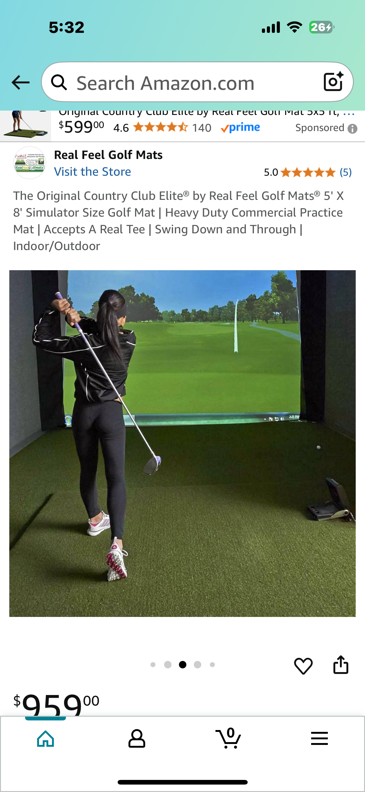 5' X 8' Simulator Size Golf Mat, Heavy Duty Commercial Practice
Mat, Accepts A Real Tee, Swing Down and Through, Indoor/Outdoor (W500)