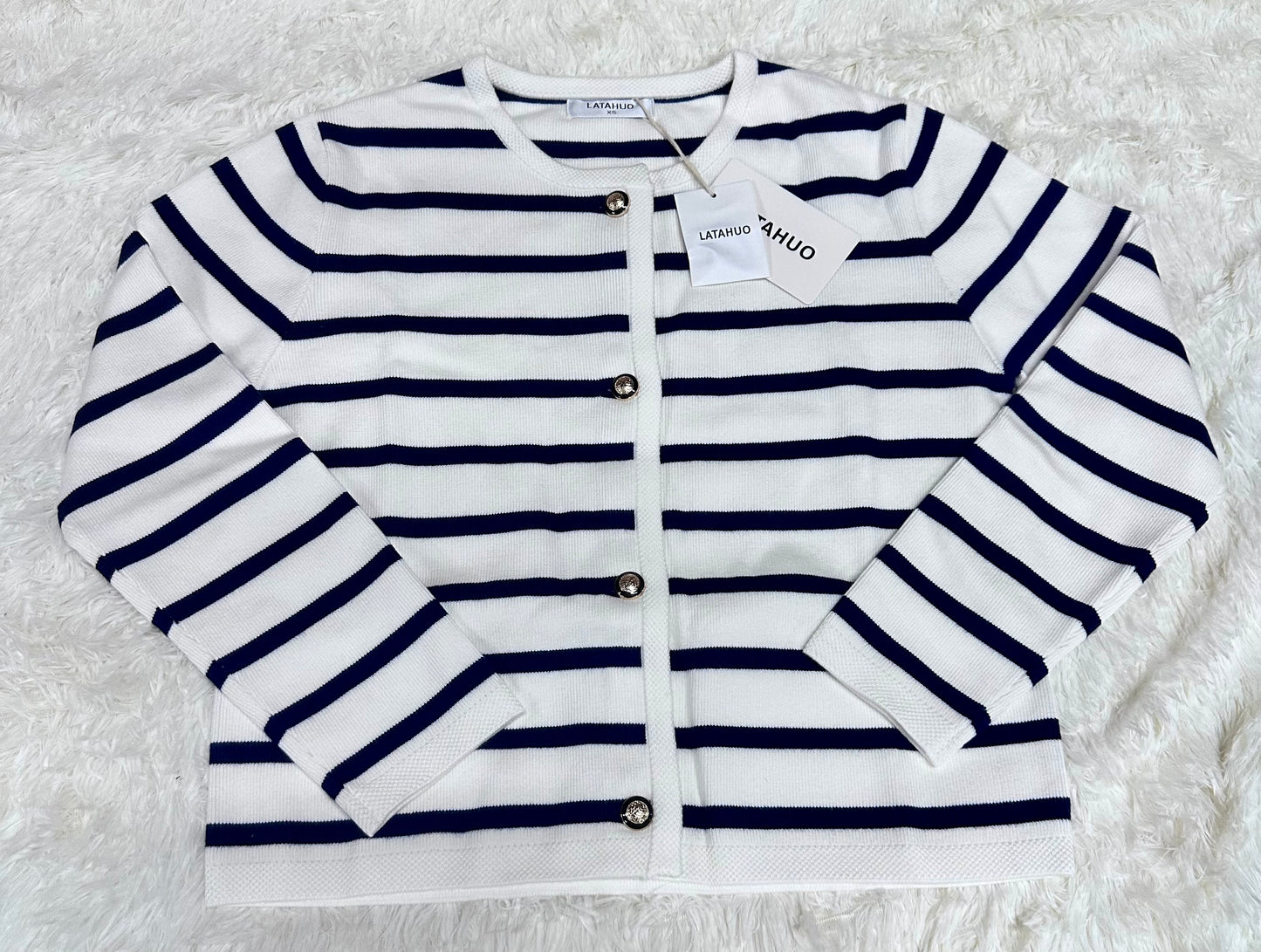 Women's Striped Cardigan Sweater Trendy Long Sleeve Button Down Crewneck Knit Cardigan (Size X-Small)