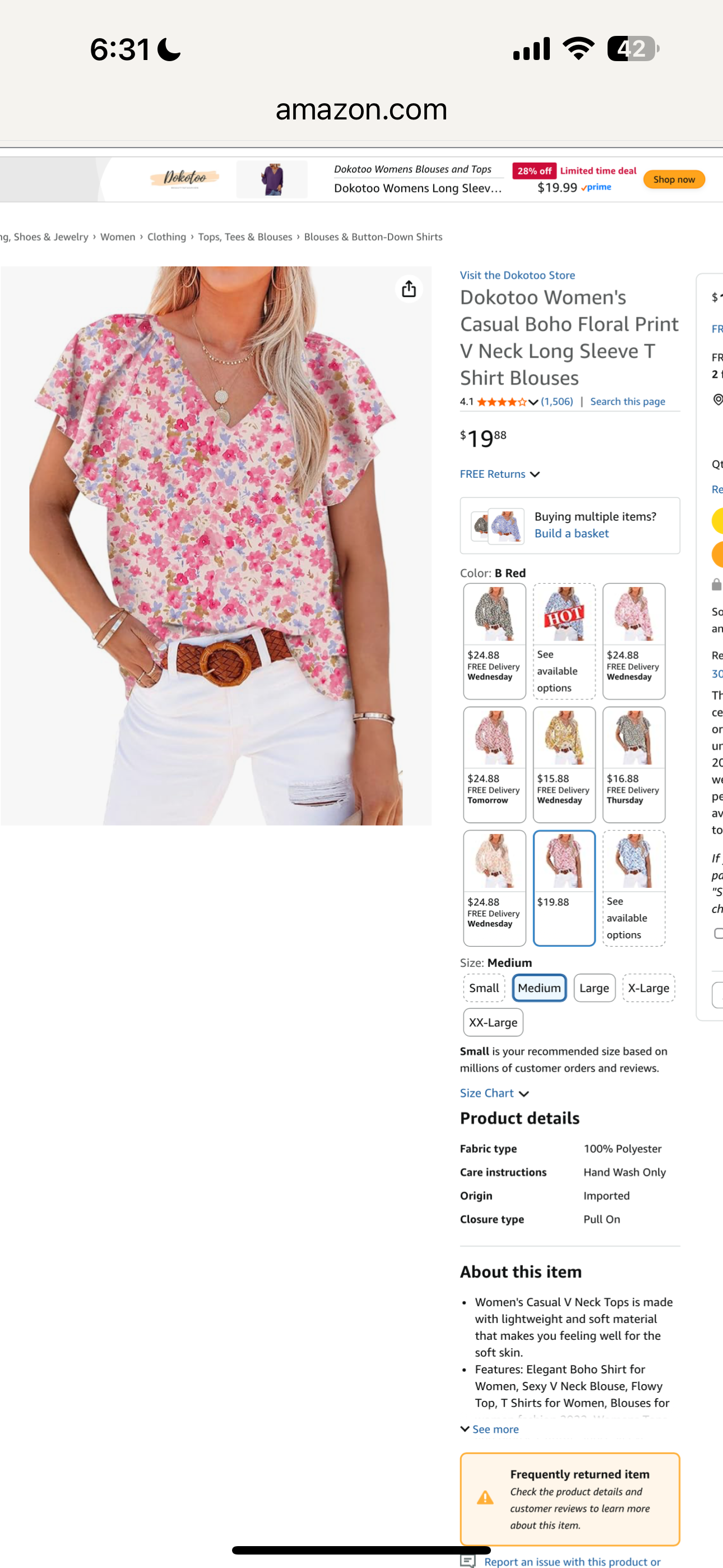 Dokotoo Women's Casual Boho Floral Print V Neck Long Sleeve T Shirt Blouses (Size Small)