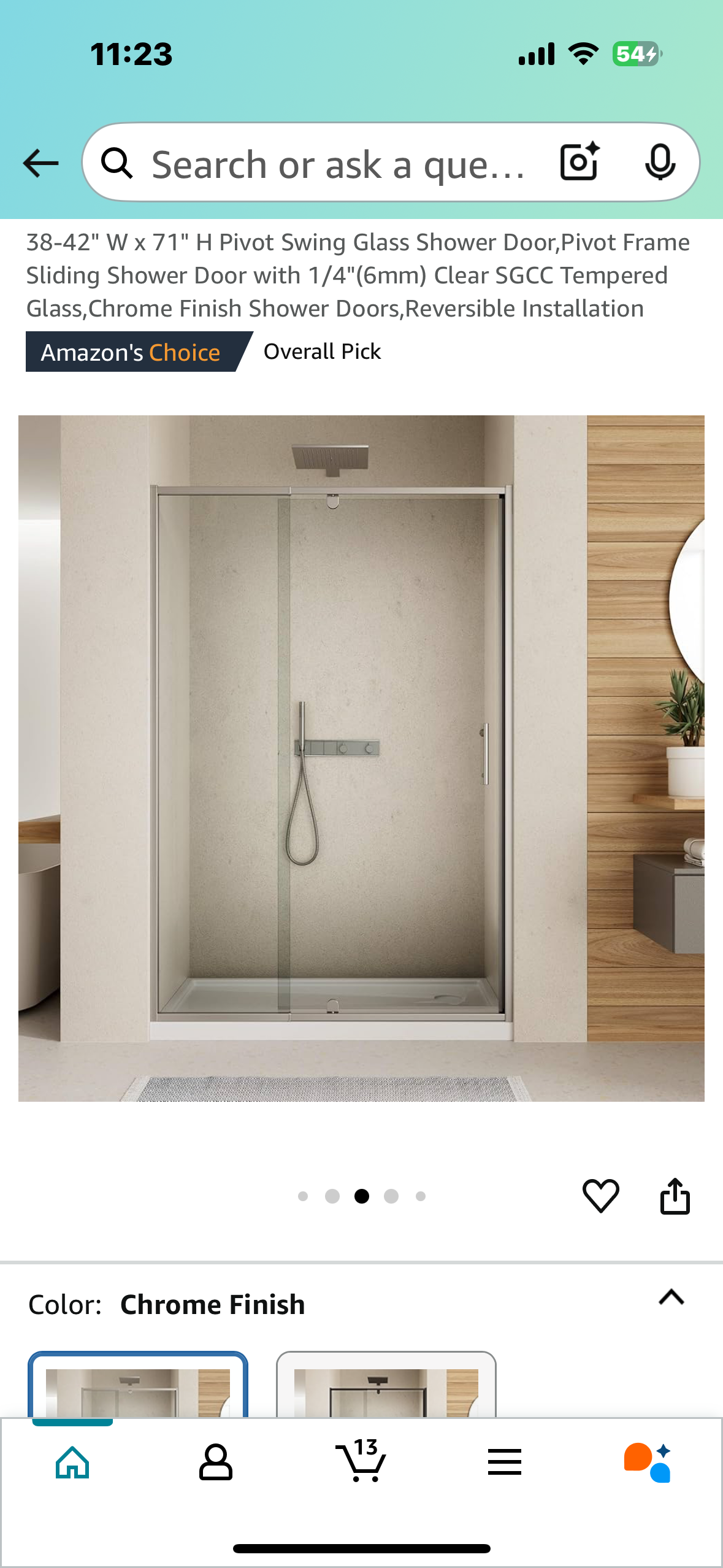 New - 38-42" W x 71" H Pivot Swing Glass Shower Door with 1/4"(6mm) Clear Tempered Glass, Reversible (B835)