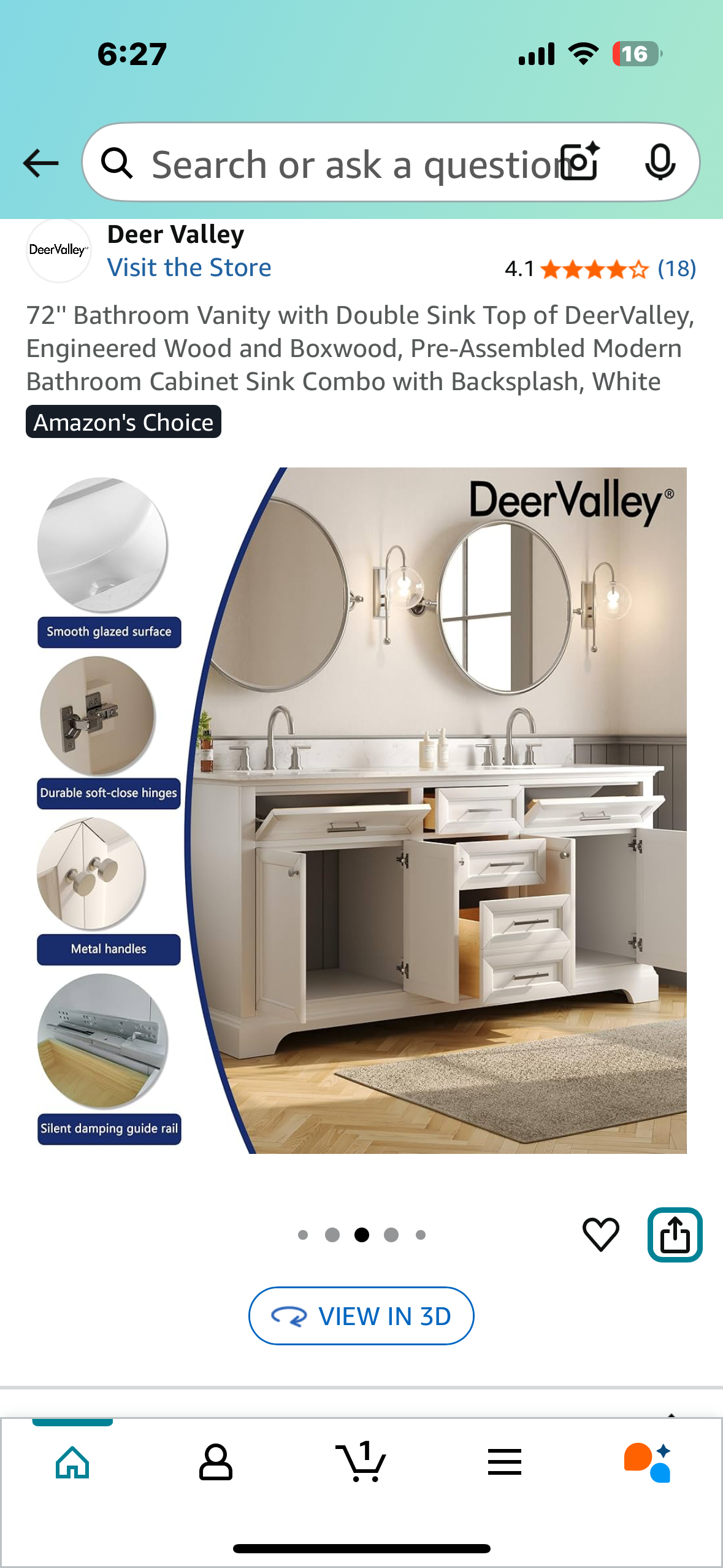 DeerValley 72" Bathroom Vanity with Double Sink, Pre-Assembled Modern Bathroom Cabinet Sink Combo with Backsplash, White (B1065)