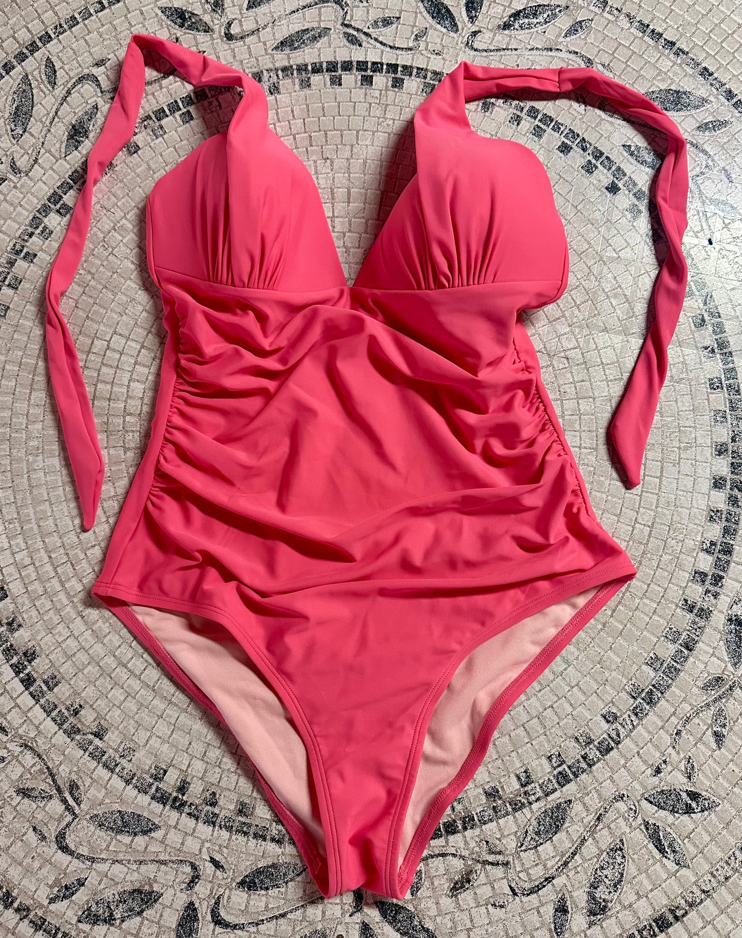 CUPSHE Women's One Piece Deep V Plunging Halter Neck Bathing Suit Wide Self Tied Straps (Size Large)