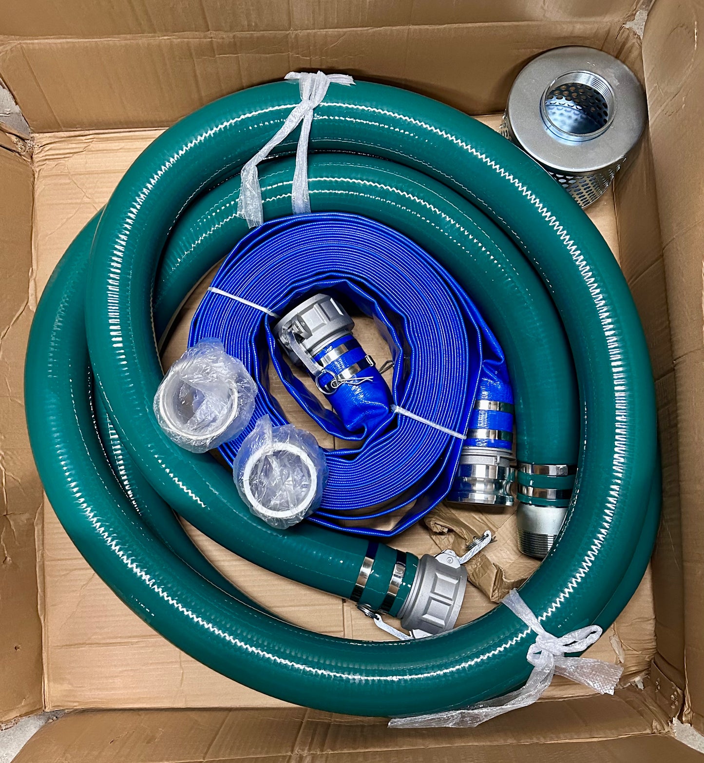 3 Inch Suction Hose Pump kit, Includes 3" x 65' Blue PVC Backwash Hose, 3" x 20' Green PVC Suction Hose, Steel Round Hole Suction Strainer, Cam and Groove Adapter (G881)