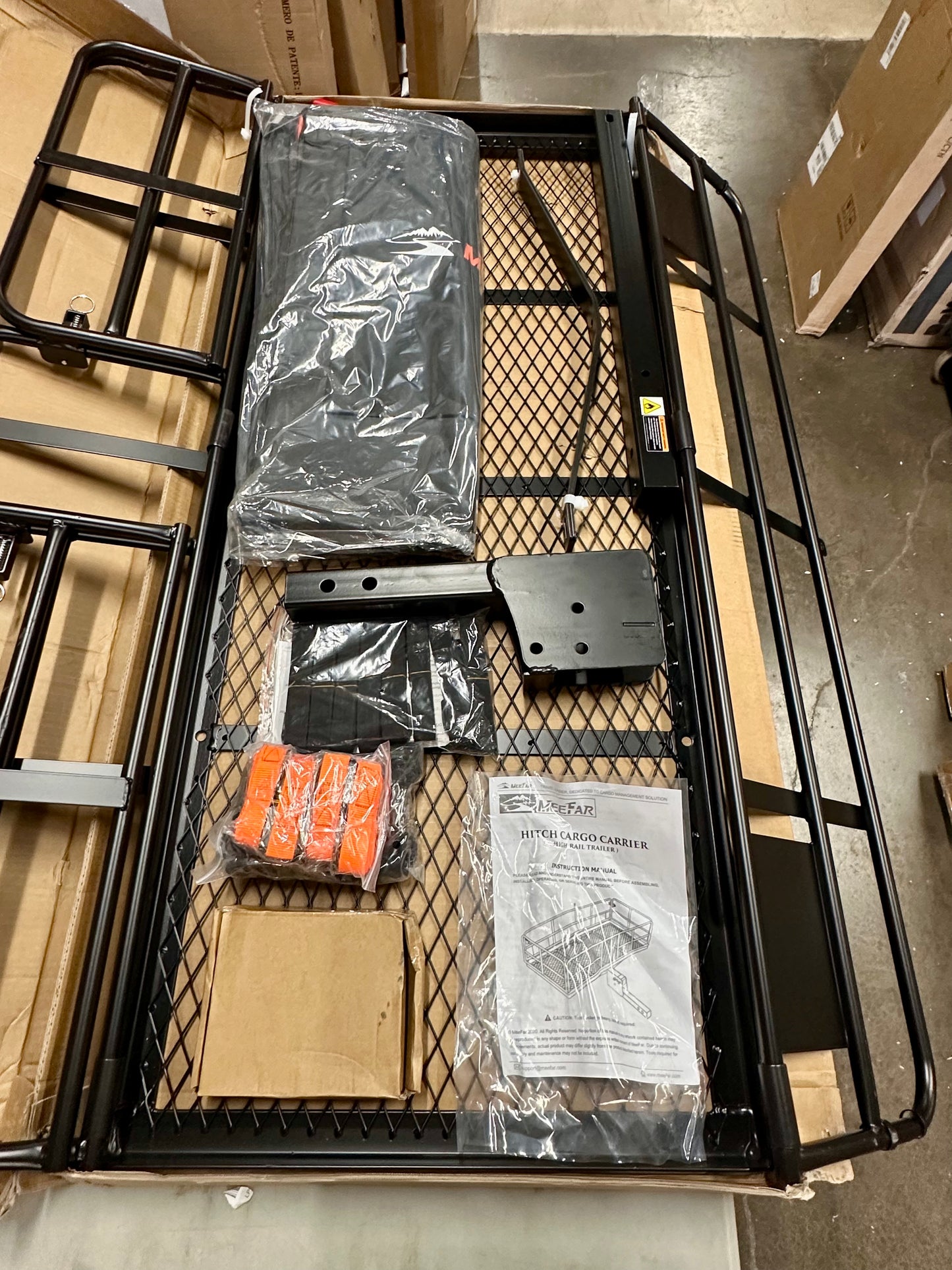 MeeFar High Rail Trailer Folding Hitch Mount Cargo Carrier Basket, 60" X 24" X 14", Waterproof Cargo Bag 20 cu ft(59" 24" 24"), Capacity of 500 Lbs with Hitch Stabilizer, Net, Lock and Straps (G844)