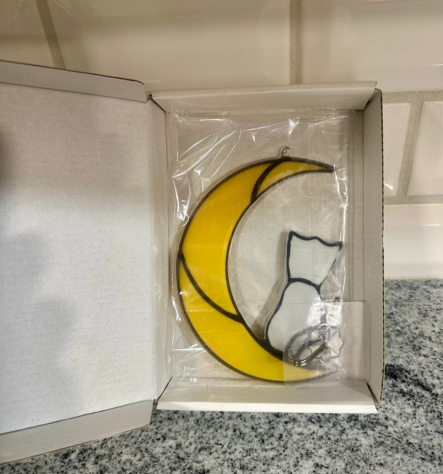 Cat Glass Ornament for Cat Lovers, Tabby Cat Memorial Gift, Hanging Cat Suncatcher Decor for Window, Yellow moon Design, 6.3x5.1in, Handmade